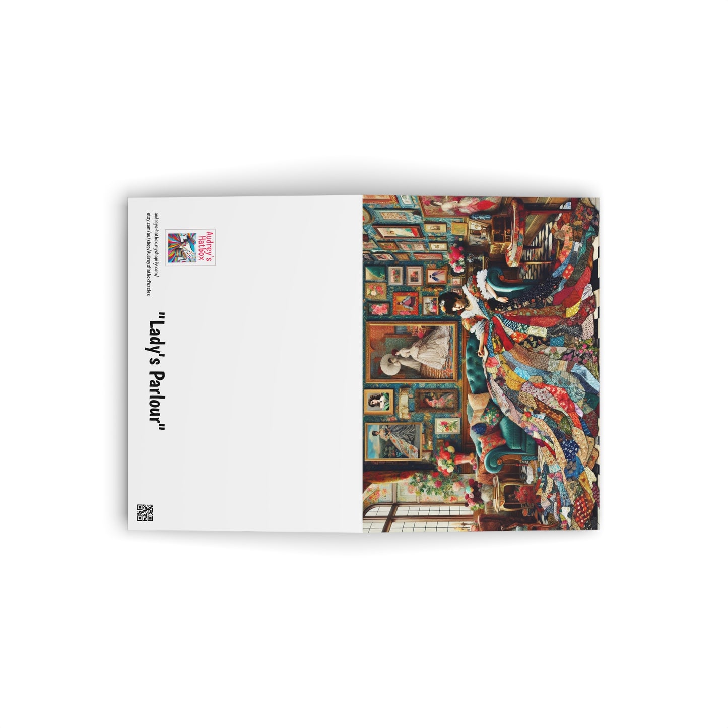Lady's Parlour Greeting Cards: Elegant Vintage Woman in Patchwork Gown