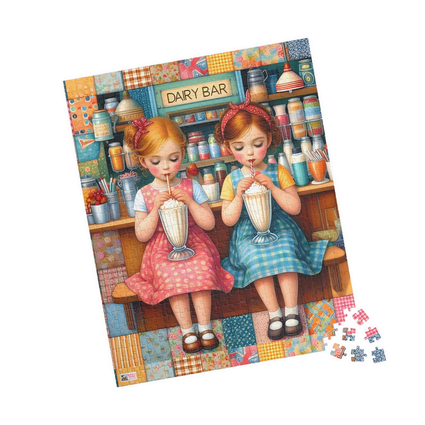 Milkshake Maids Jigsaw Puzzle (110, 252, 520, 1014-piece). Sweet vintage patchwork milk bar scene. Fun family game, children's gift idea