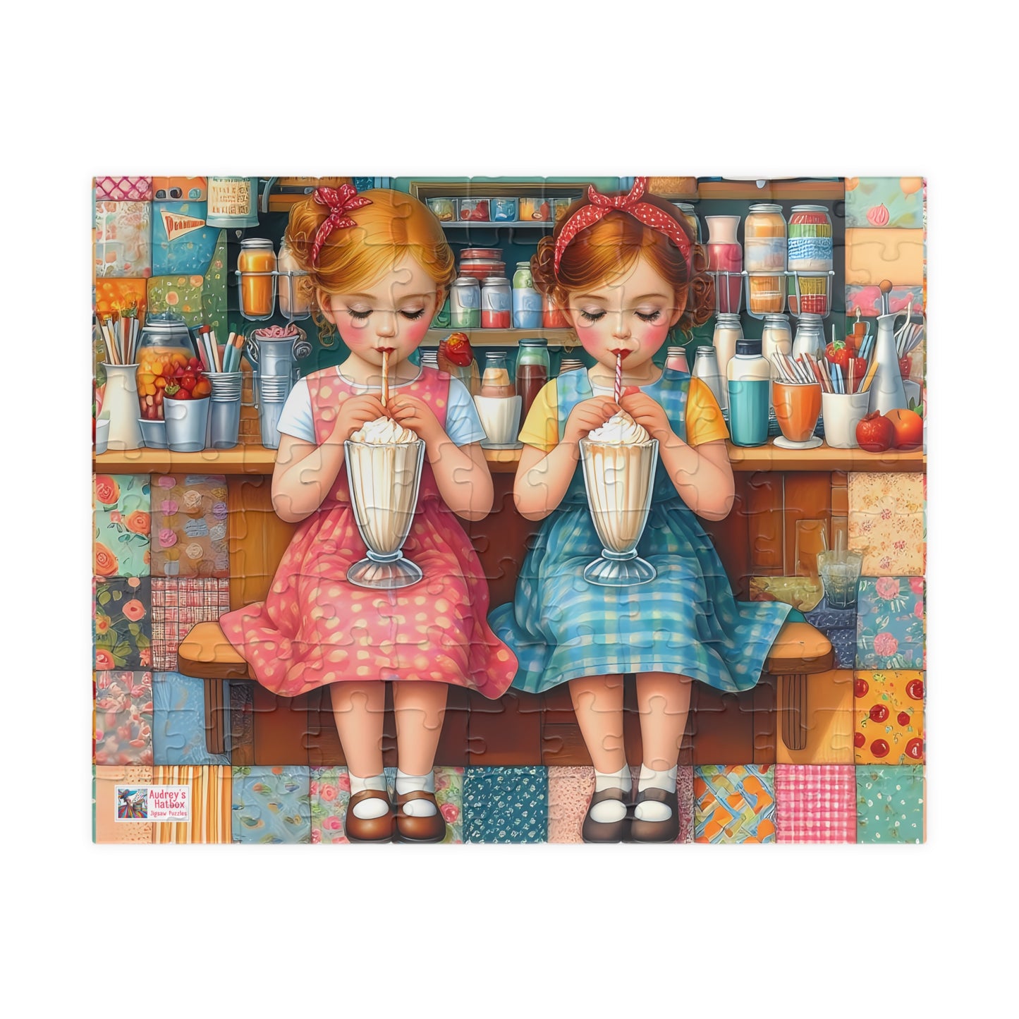 Milkshake Maids Jigsaw Puzzle (110, 252, 520, 1014-piece). Sweet vintage patchwork milk bar scene. Fun family game, children's gift idea