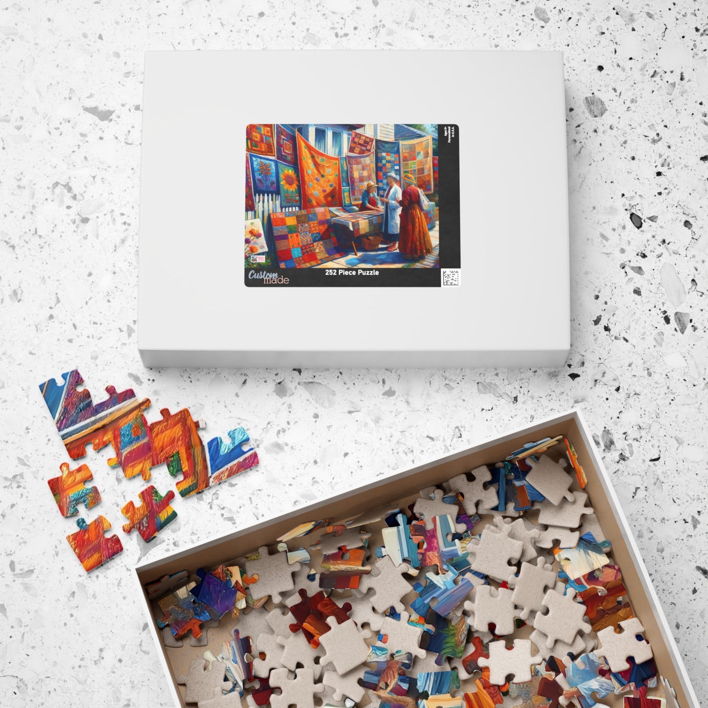 Footpath Quilt Sale Jigsaw Puzzle (110, 252, 520, 1014-piece). Delightful neighbourhood market. Charming gift idea. Wholesome Family Fun.