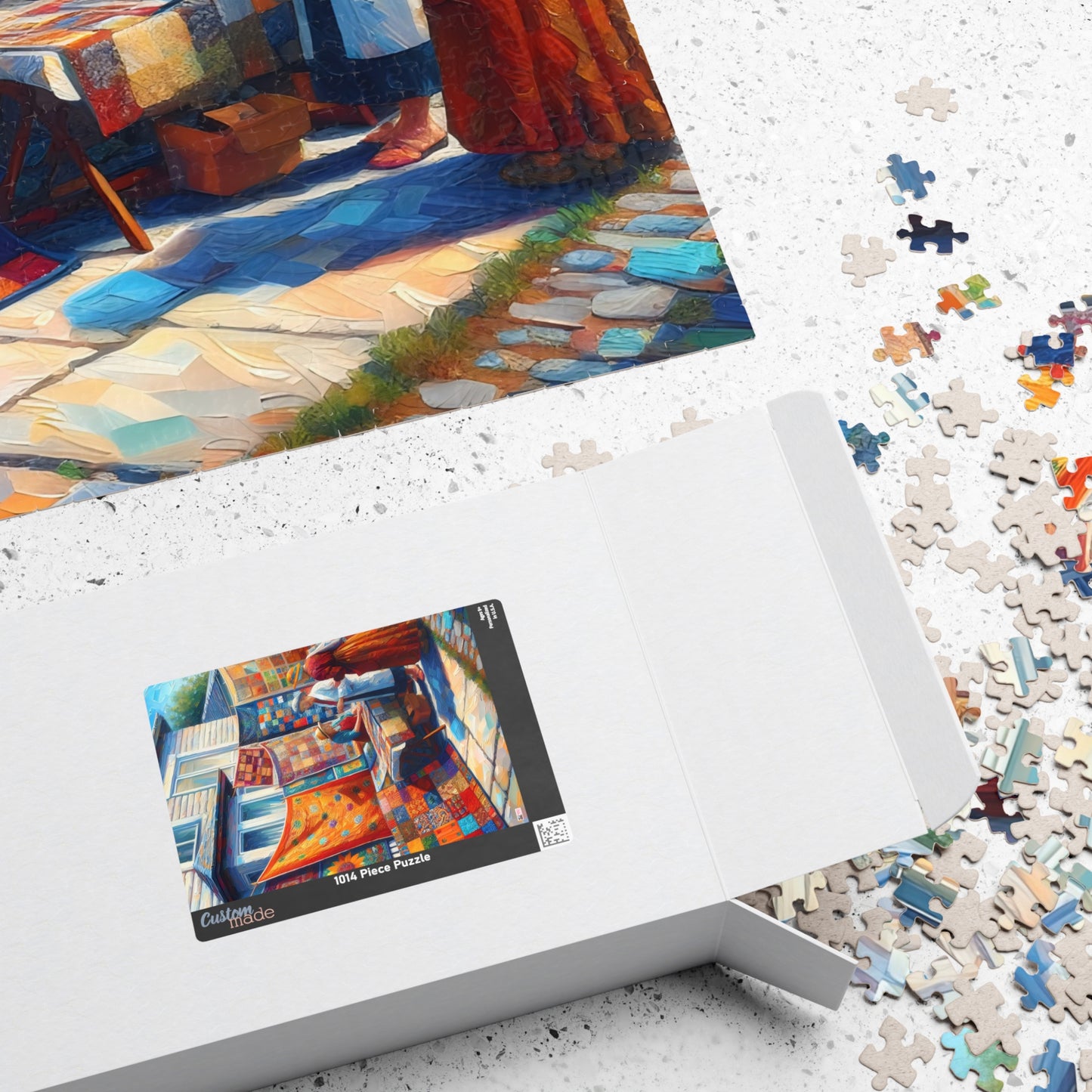 Footpath Quilt Sale Jigsaw Puzzle (110, 252, 520, 1014-piece). Delightful neighbourhood market. Charming gift idea. Wholesome Family Fun.