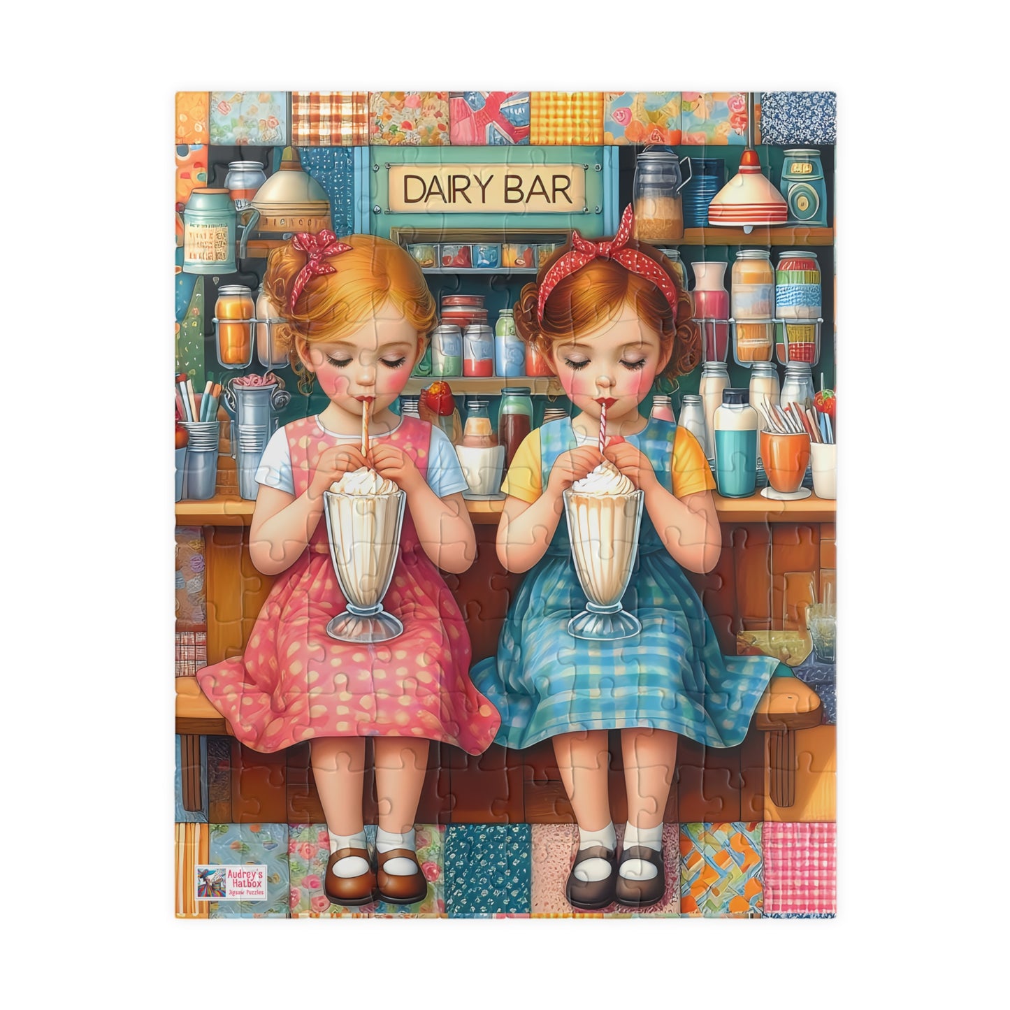 Milkshake Maids Jigsaw Puzzle (110, 252, 520, 1014-piece). Sweet vintage patchwork milk bar scene. Fun family game, children's gift idea