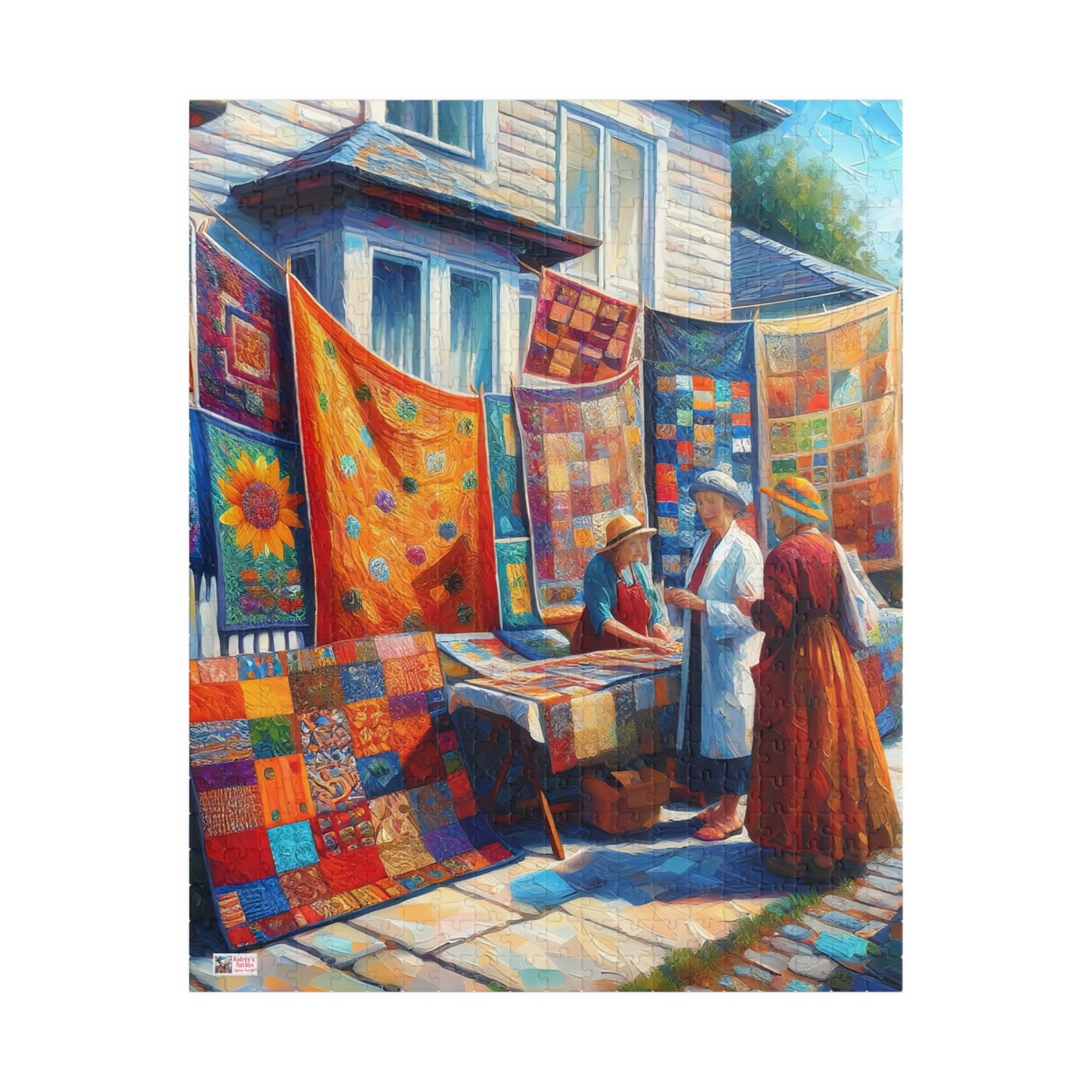 Footpath Quilt Sale Jigsaw Puzzle (110, 252, 520, 1014-piece). Delightful neighbourhood market. Charming gift idea. Wholesome Family Fun.