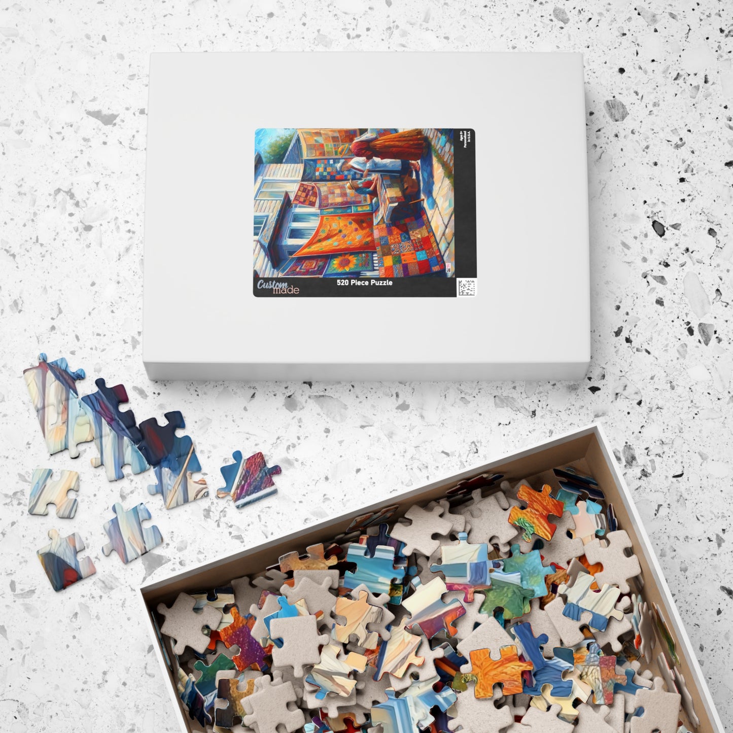 Footpath Quilt Sale Jigsaw Puzzle (110, 252, 520, 1014-piece). Delightful neighbourhood market. Charming gift idea. Wholesome Family Fun.