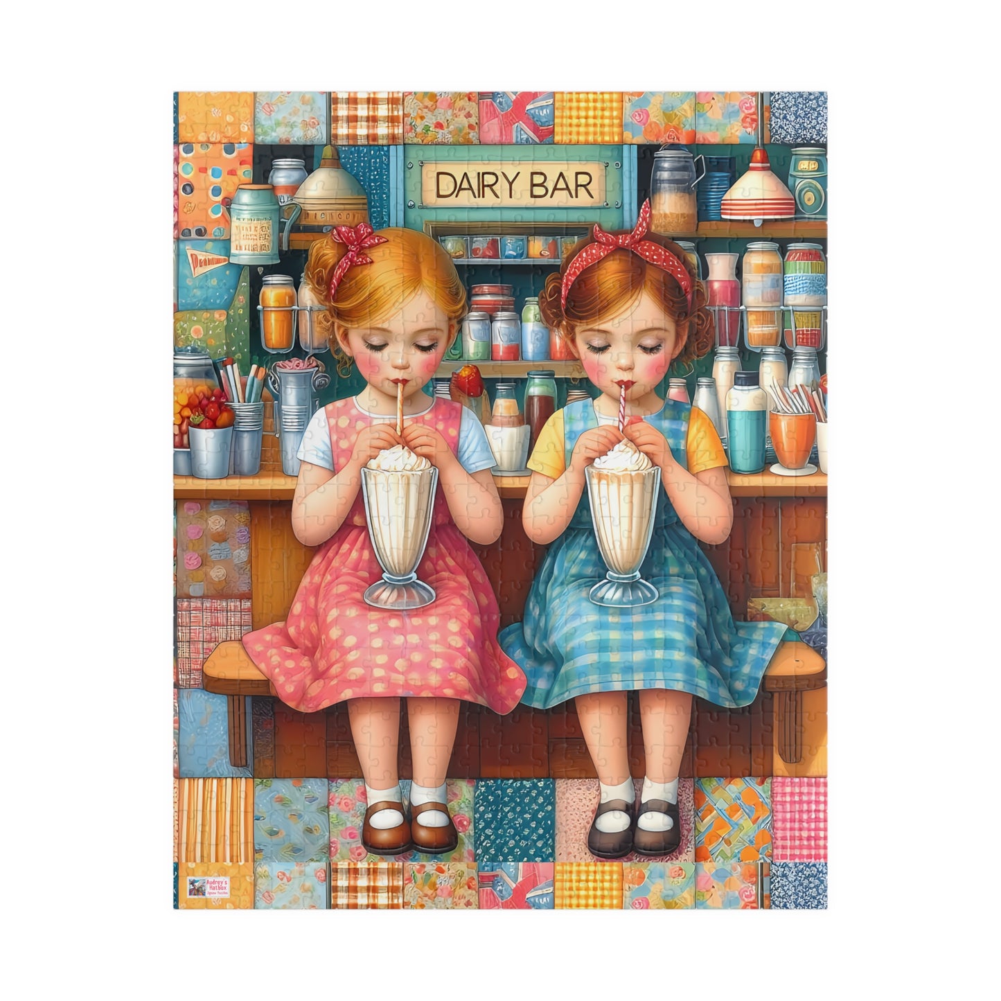 Milkshake Maids Jigsaw Puzzle (110, 252, 520, 1014-piece). Sweet vintage patchwork milk bar scene. Fun family game, children's gift idea