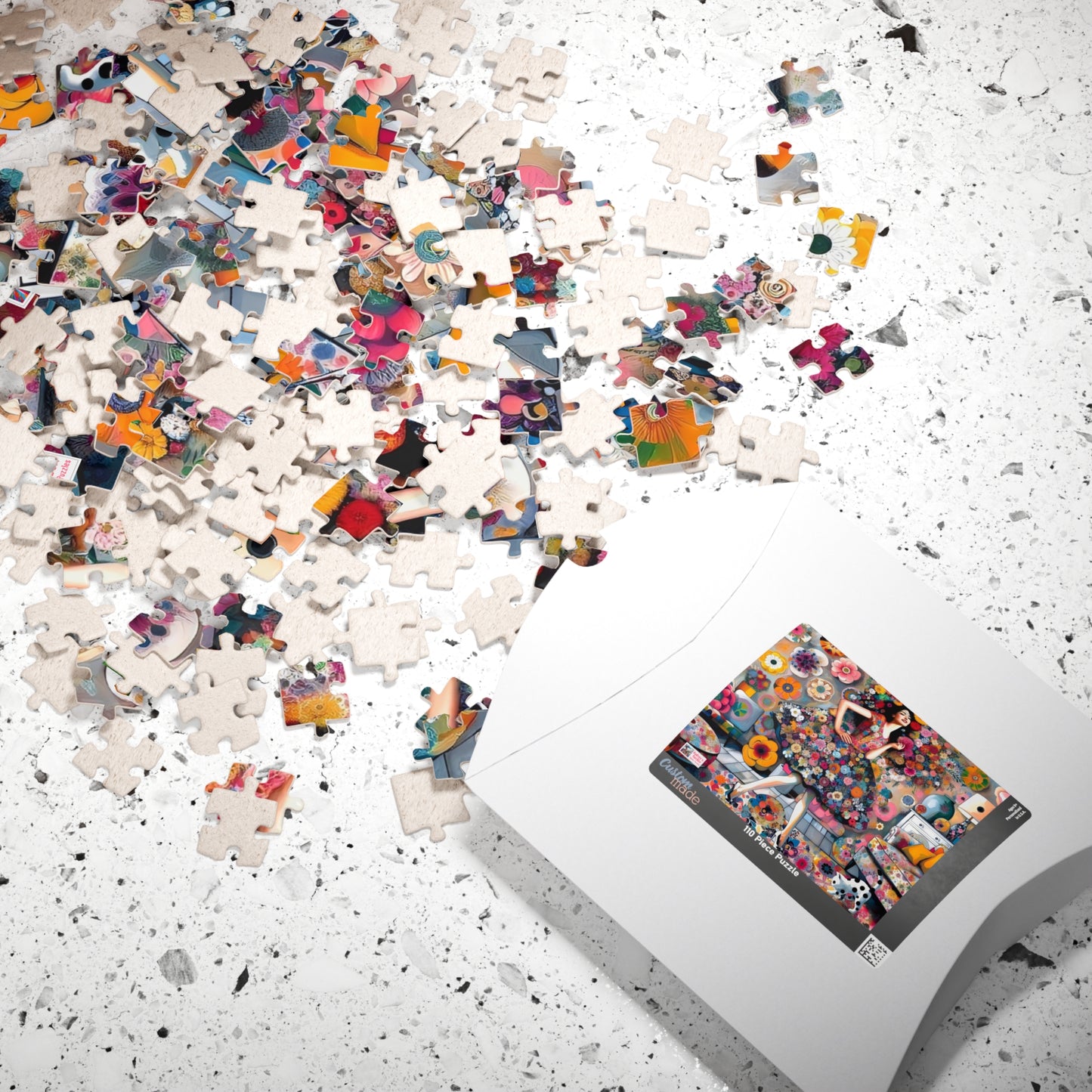 Mad About Flowers Jigsaw Puzzle (110, 252, 520, 1014-piece). Charming Floral Chaos in a Whimsical Scene with a Polka Dot Cat. Fun Gift Idea.