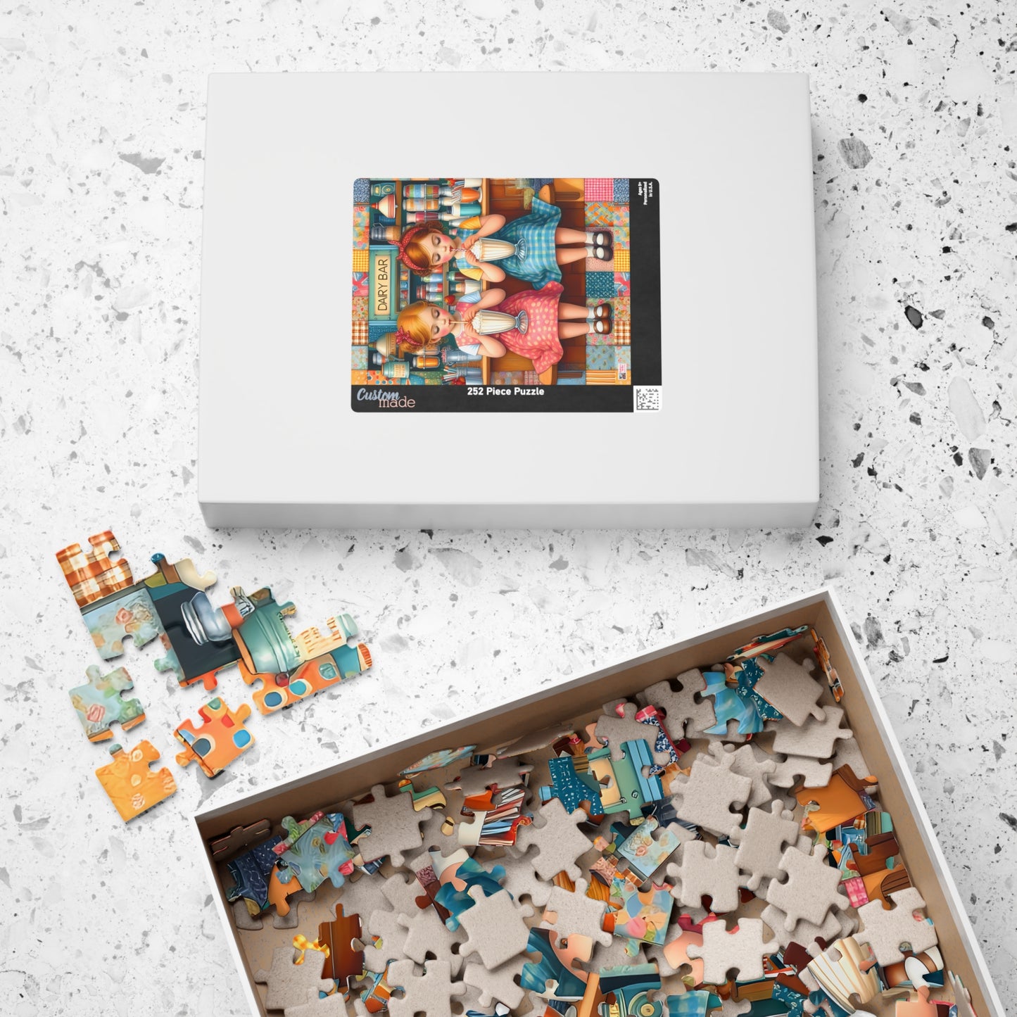 Milkshake Maids Jigsaw Puzzle (110, 252, 520, 1014-piece). Sweet vintage patchwork milk bar scene. Fun family game, children's gift idea