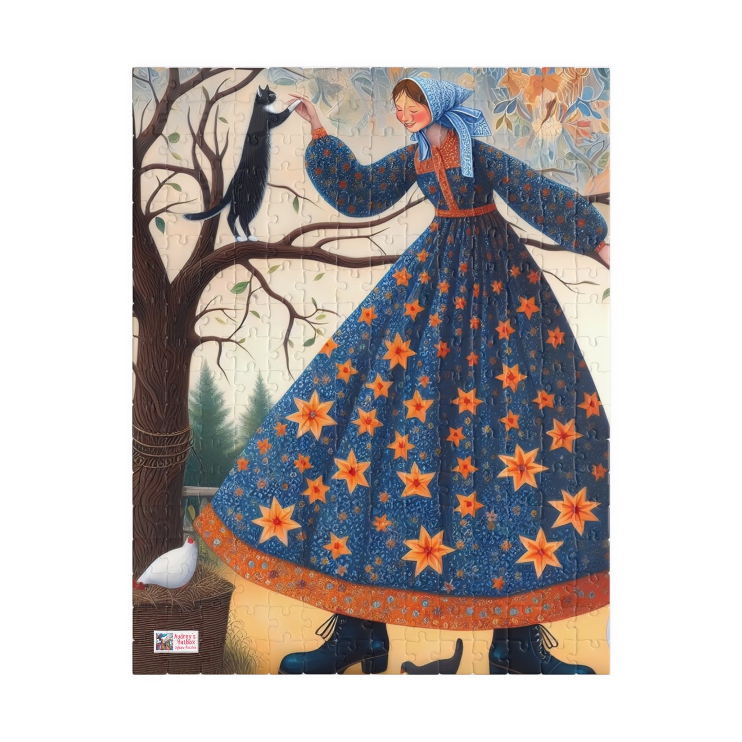 Barnyard Frolic Jigsaw Puzzle (110, 252, 520, 1014-piece). Quirky, Joyful Farm Dance with Chickens and a Black Cat. Family Fun Gift Idea
