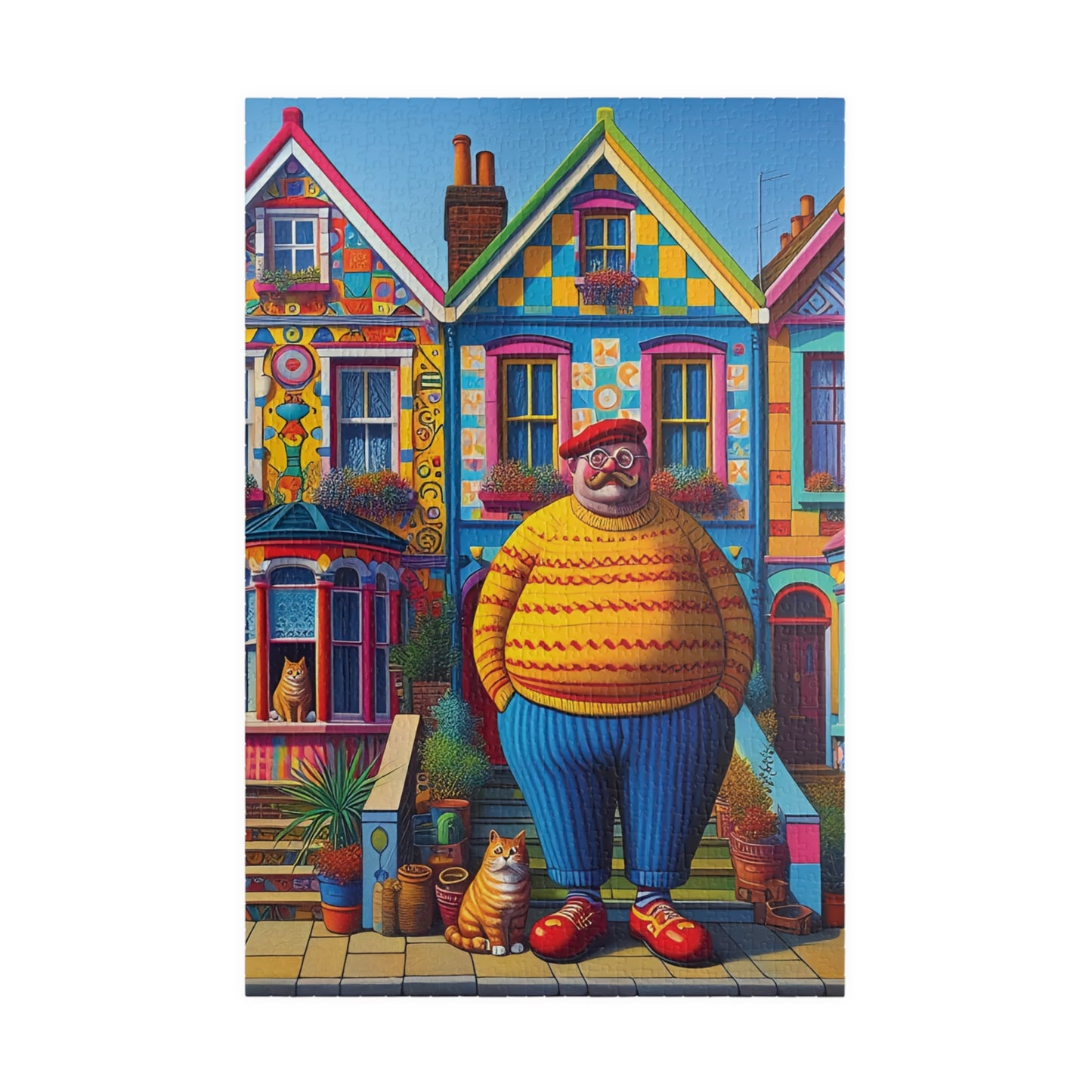 Welcome Committee Jigsaw Puzzle, 110, 252, 520, 1014-piece. Whimsical, Playful Scene of a Jolly Man, Cats and Colourful Houses. Family Fun.