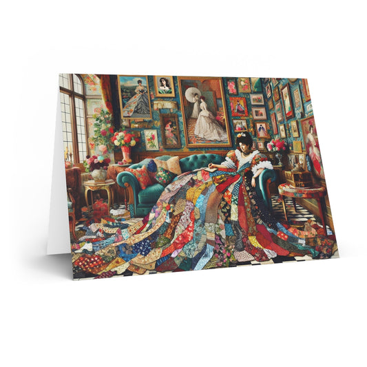 Lady's Parlour Greeting Cards: Elegant Vintage Woman in Patchwork Gown