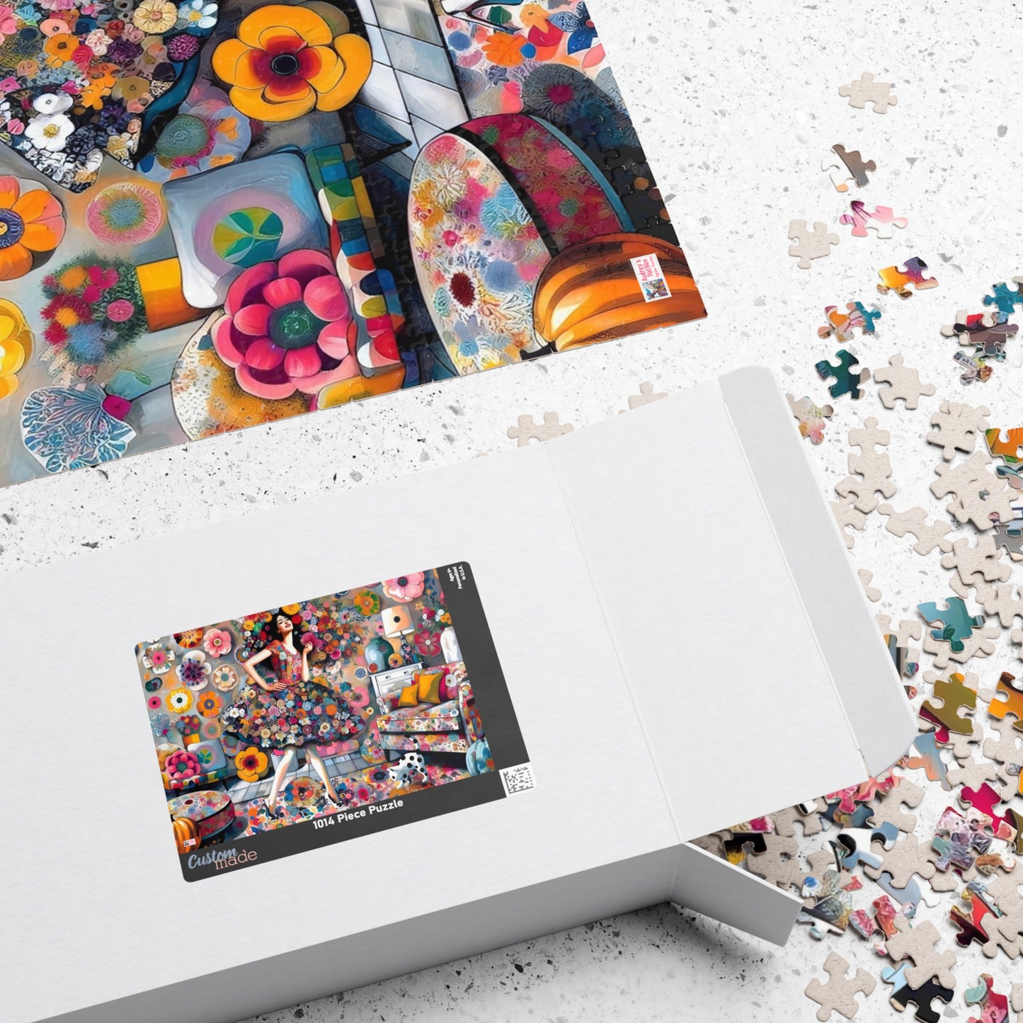 Mad About Flowers Jigsaw Puzzle (110, 252, 520, 1014-piece). Charming Floral Chaos in a Whimsical Scene with a Polka Dot Cat. Fun Gift Idea.