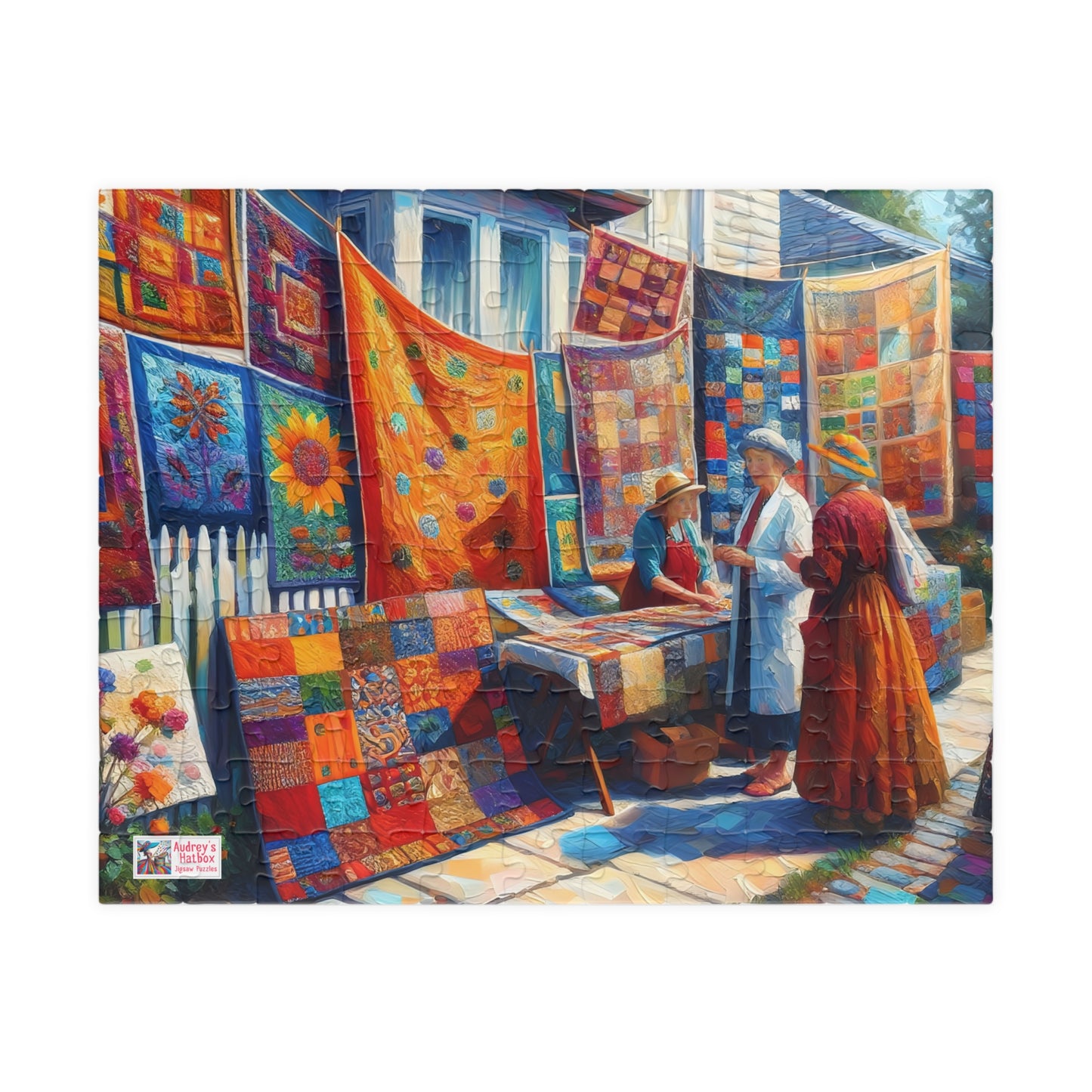 Footpath Quilt Sale Jigsaw Puzzle (110, 252, 520, 1014-piece). Delightful neighbourhood market. Charming gift idea. Wholesome Family Fun.