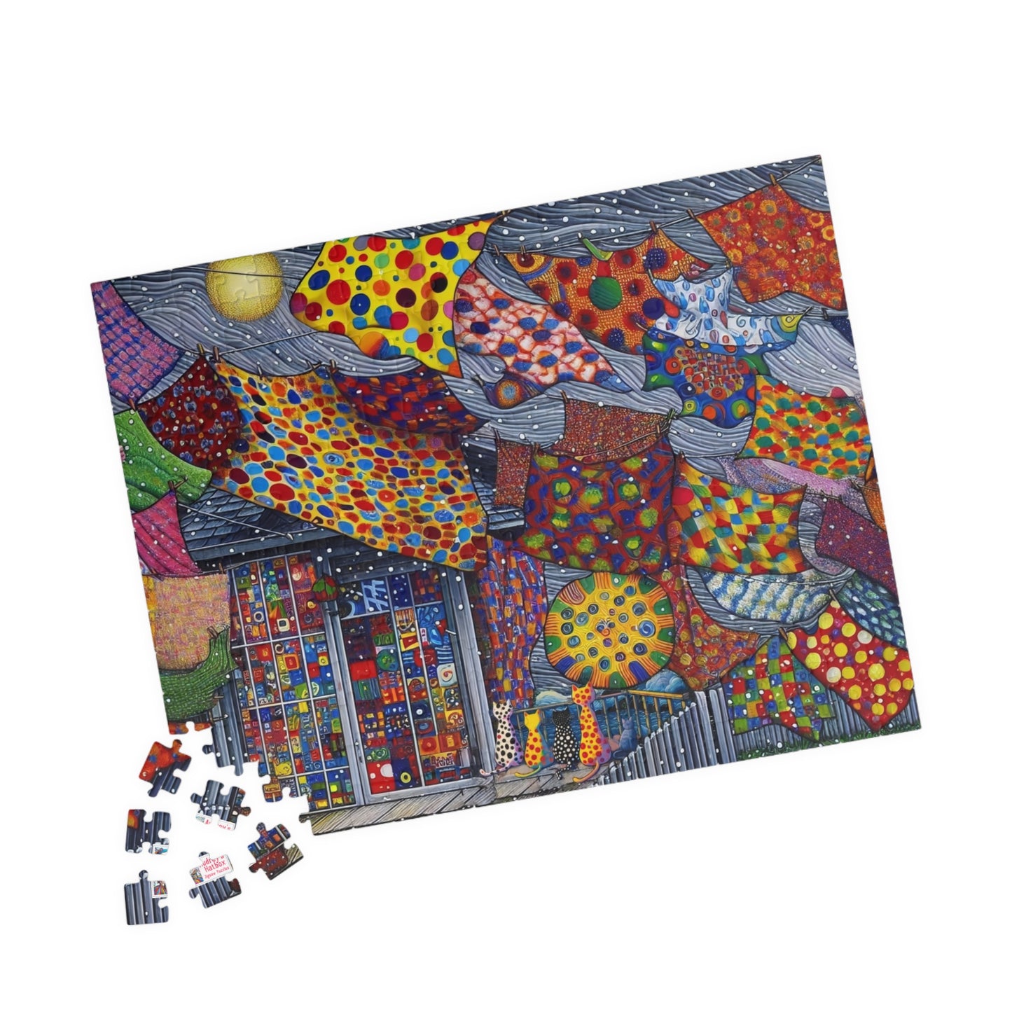 Tablecloth Tempest Jigsaw Puzzle US: Curious cats watch a wild storm whip up the washing on the line  (110-1014-pcs)