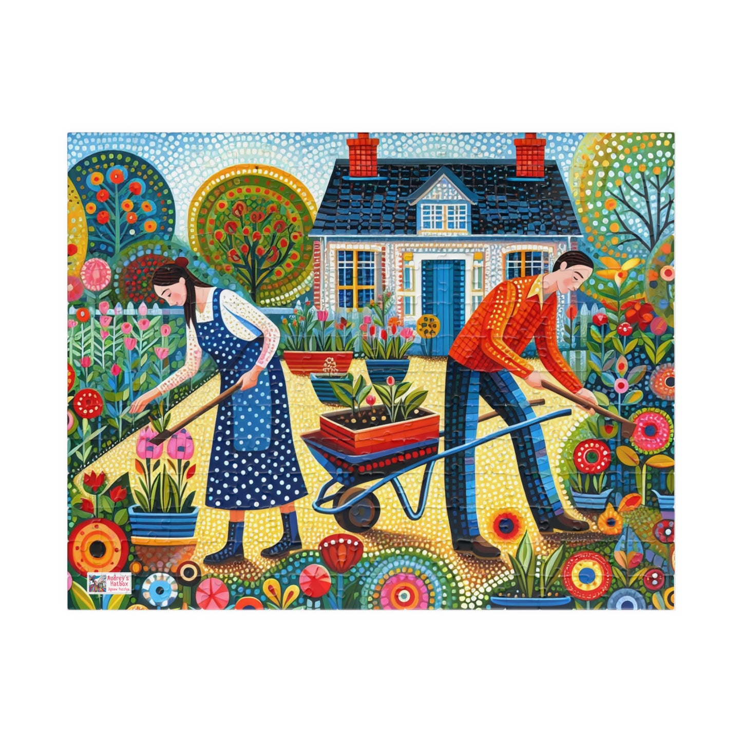Garden Therapy Jigsaw Puzzle (110, 252, 520, 1014-piece). Charming country cottage scene of a couple in harmony. Wholesome family gift idea.