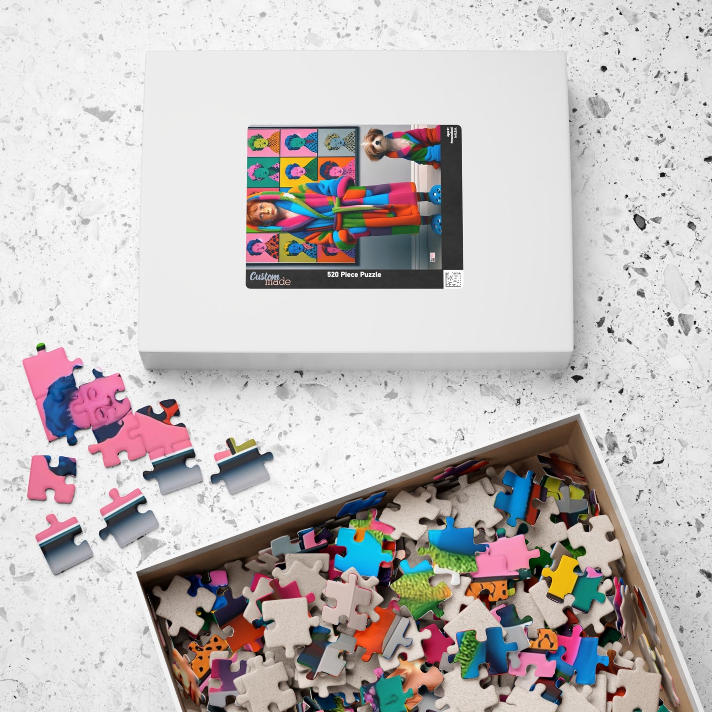 Pop Art Pajama Party Jigsaw Puzzle (110, 252, 520, 1014-piece). Cute and quirky boy and dog in matching bathrobes. Fun gift. Family game.