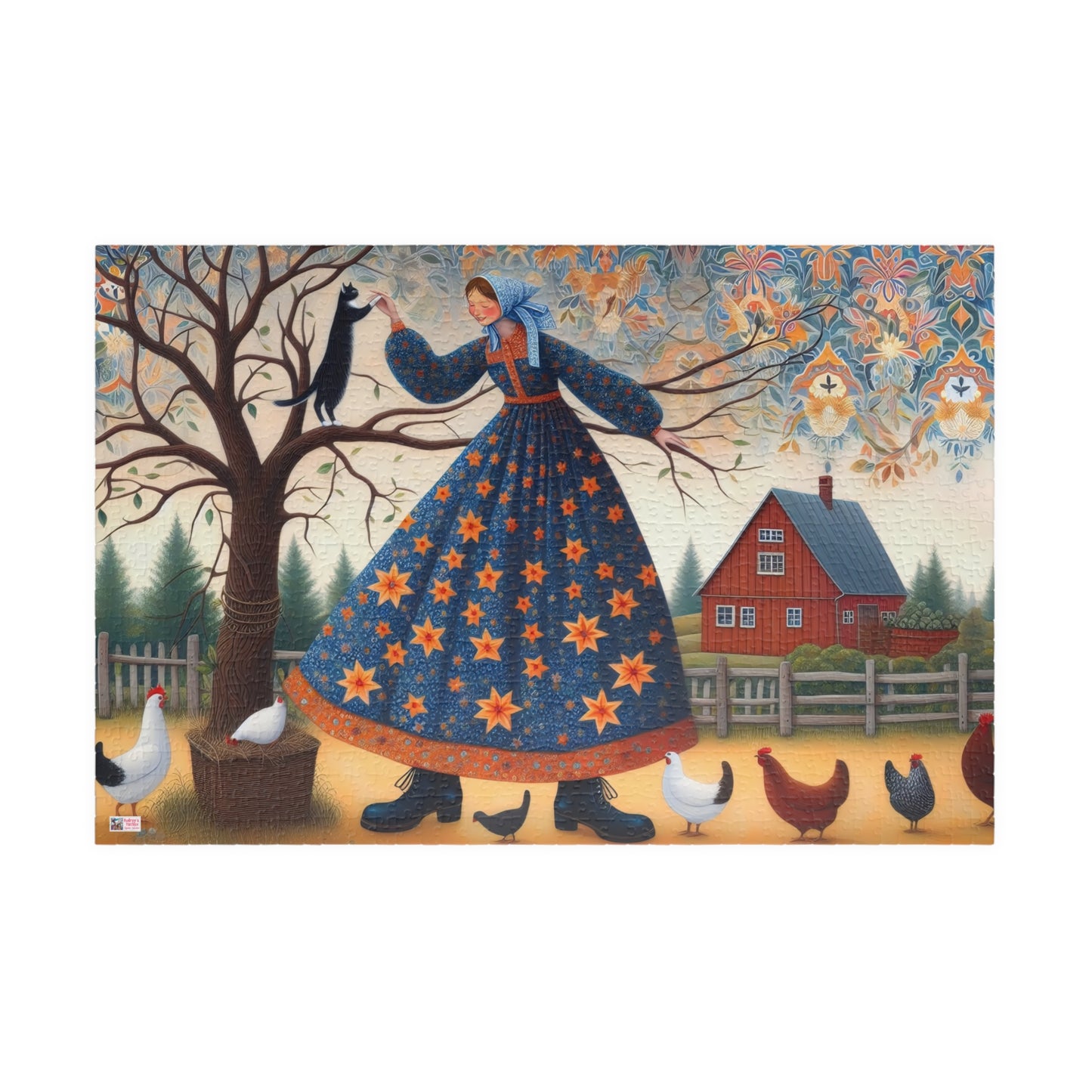 Barnyard Frolic Jigsaw Puzzle (110, 252, 520, 1014-piece). Quirky, Joyful Farm Dance with Chickens and a Black Cat. Family Fun Gift Idea