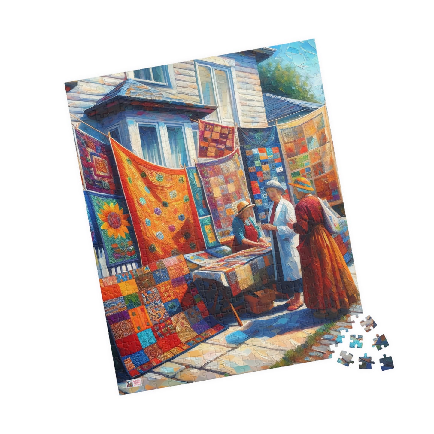 Footpath Quilt Sale Jigsaw Puzzle (110, 252, 520, 1014-piece). Delightful neighbourhood market. Charming gift idea. Wholesome Family Fun.