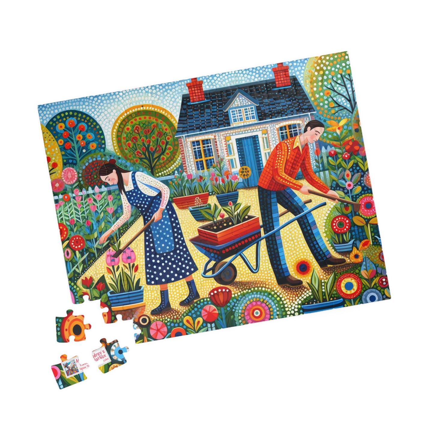 Garden Therapy Jigsaw Puzzle (110, 252, 520, 1014-piece). Charming country cottage scene of a couple in harmony. Wholesome family gift idea.