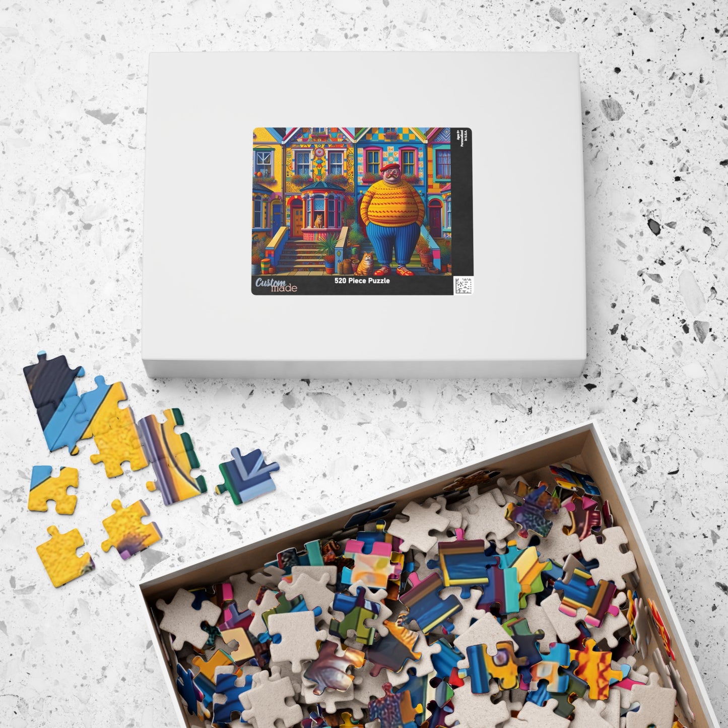 Welcome Committee Jigsaw Puzzle, 110, 252, 520, 1014-piece. Whimsical, Playful Scene of a Jolly Man, Cats and Colourful Houses. Family Fun.