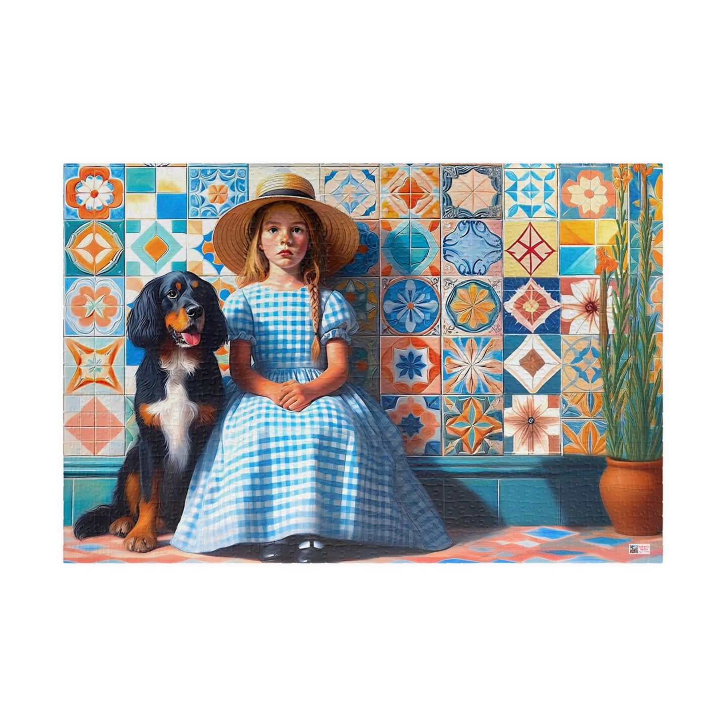 Little Girl in Gingham Jigsaw Puzzle US: Nostalgic Childhood Scene with Pet Dog (110-1014-piece)