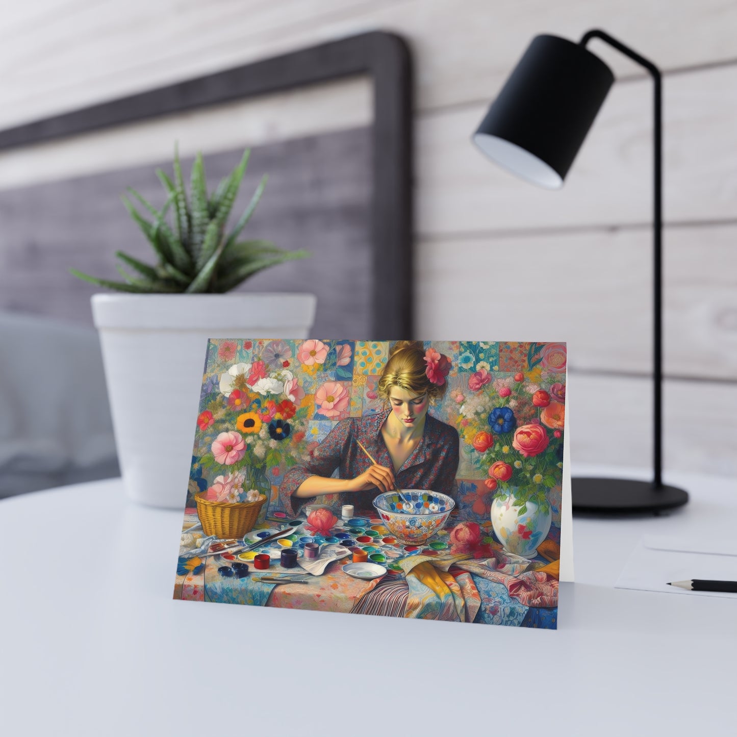 Glass Painter's Studio - Greeting Cards: Pretty Patchwork Flowers Scene