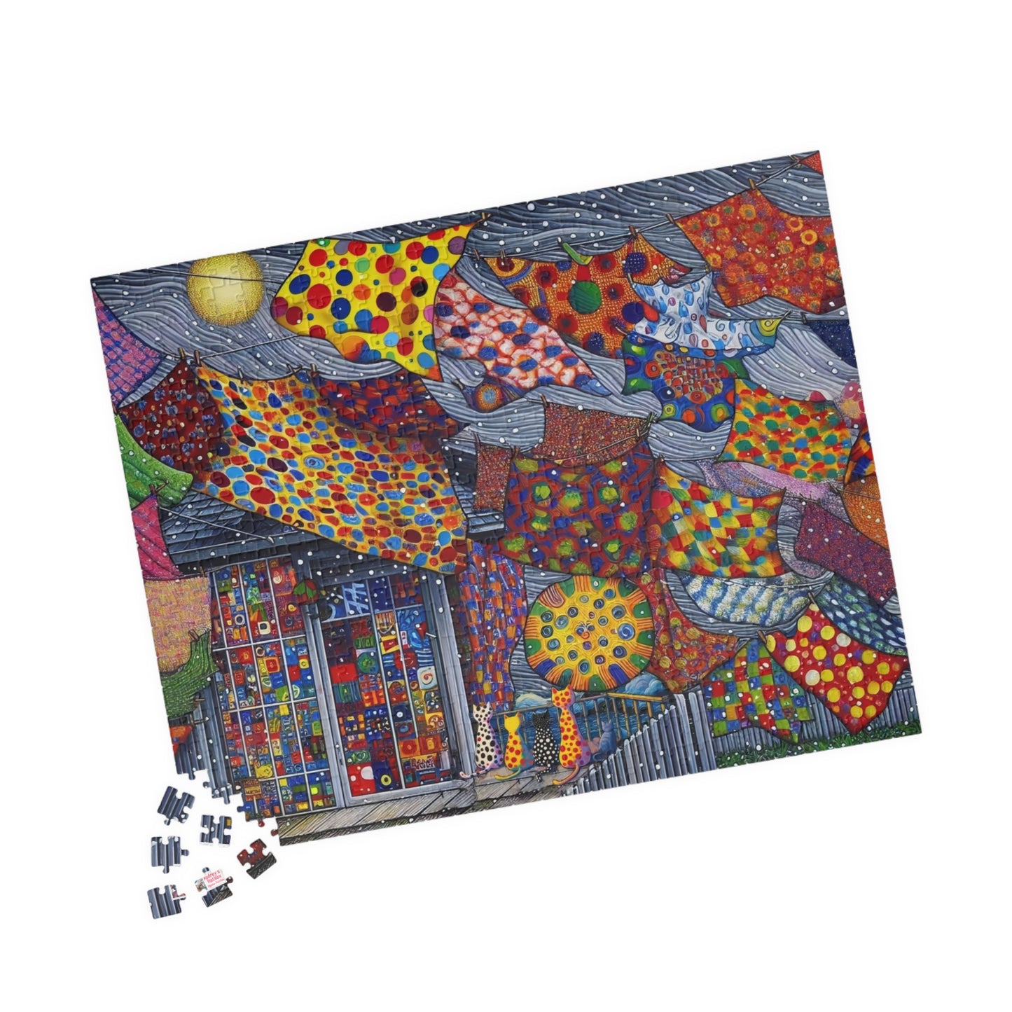 Tablecloth Tempest Jigsaw Puzzle US: Curious cats watch a wild storm whip up the washing on the line  (110-1014-pcs)