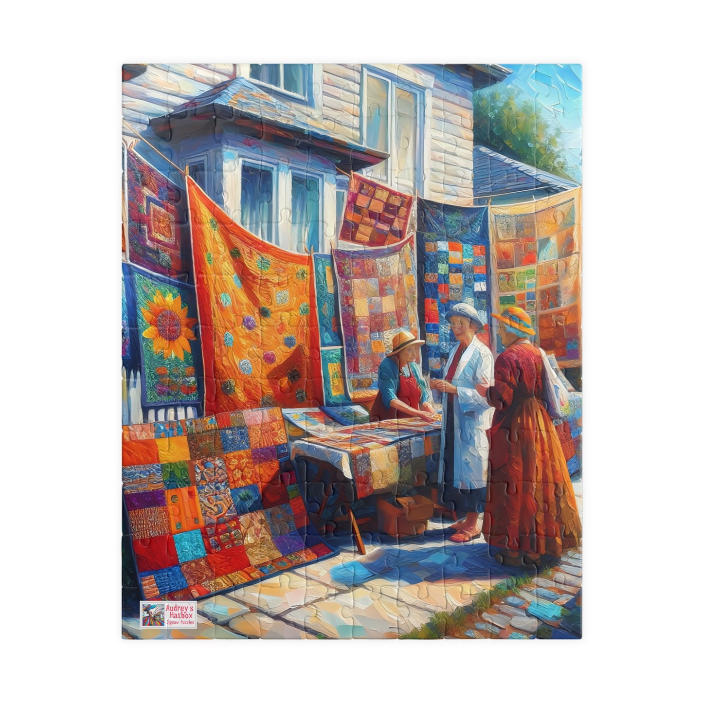 Footpath Quilt Sale Jigsaw Puzzle (110, 252, 520, 1014-piece). Delightful neighbourhood market. Charming gift idea. Wholesome Family Fun.