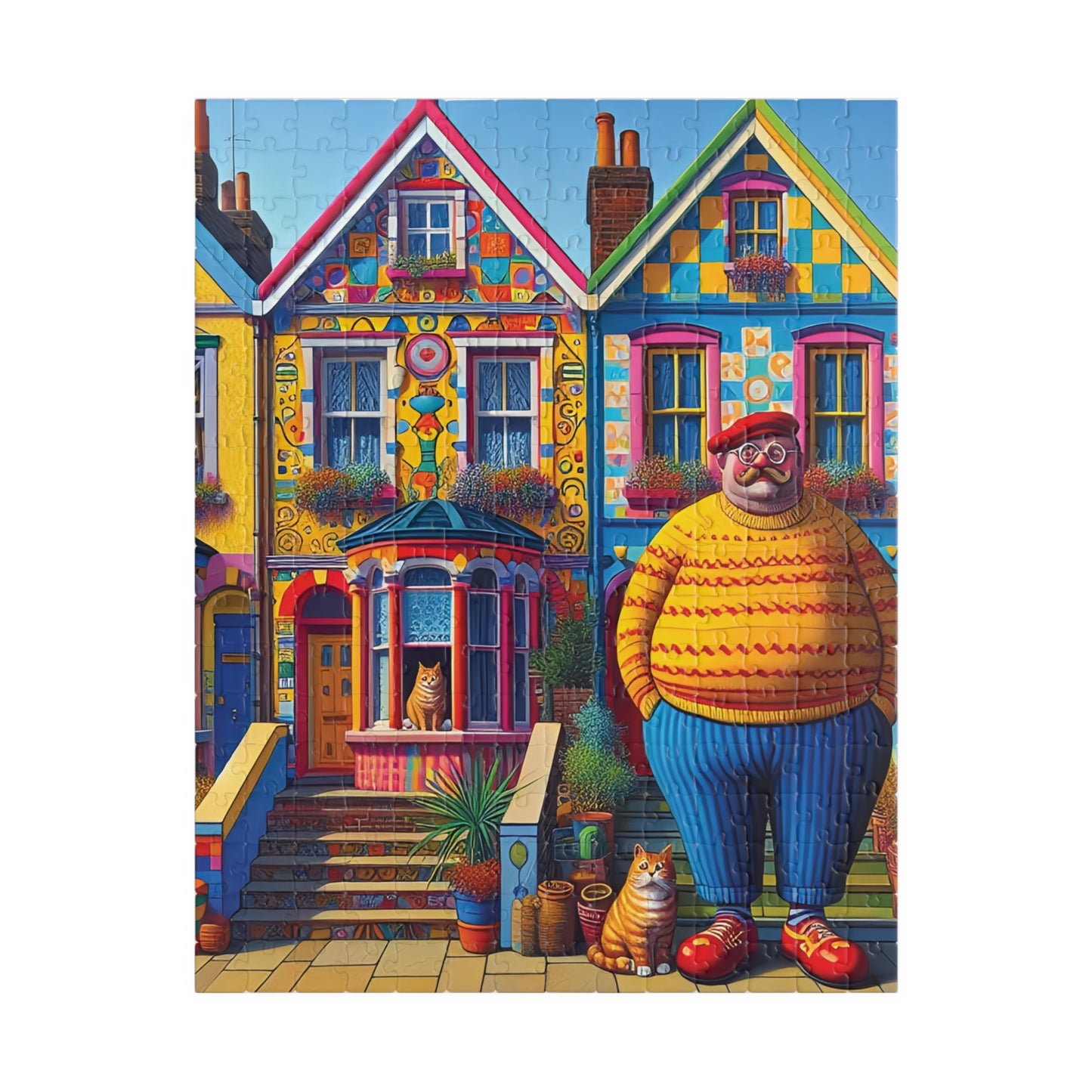 Welcome Committee Jigsaw Puzzle, 110, 252, 520, 1014-piece. Whimsical, Playful Scene of a Jolly Man, Cats and Colourful Houses. Family Fun.