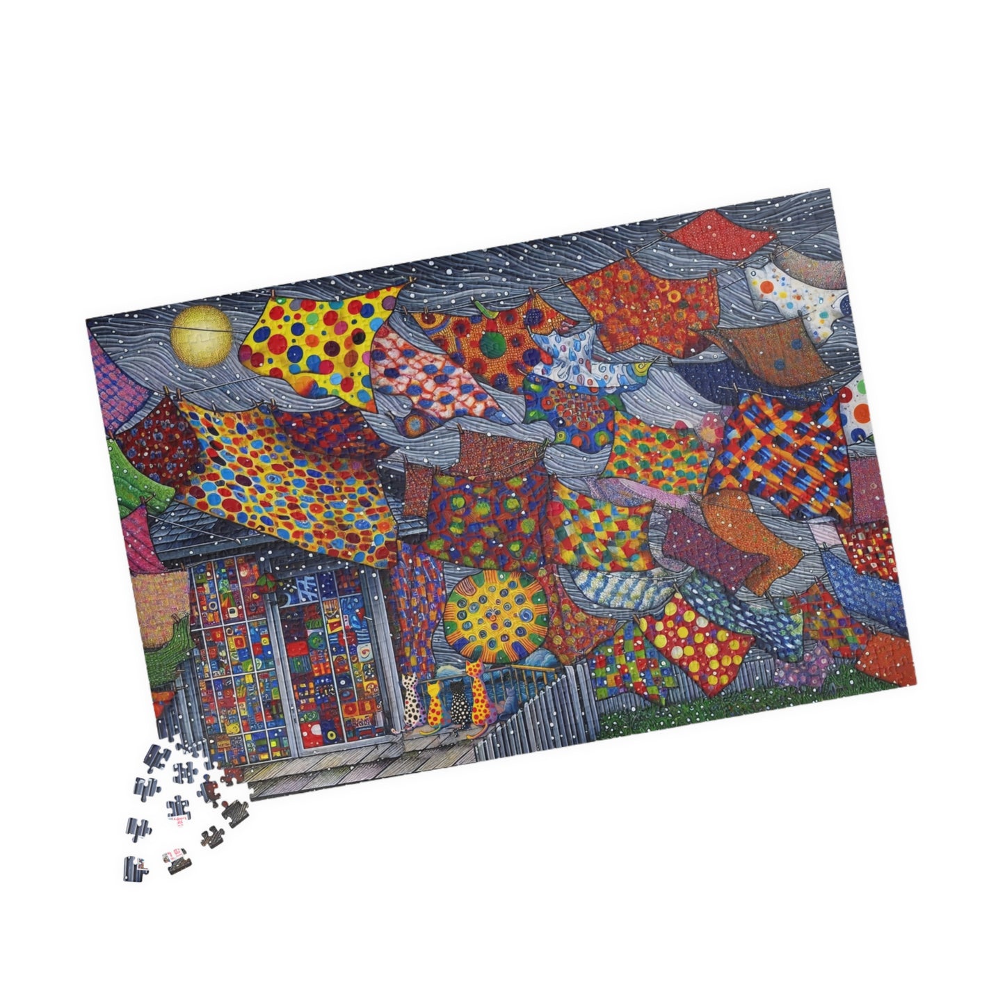 Tablecloth Tempest Jigsaw Puzzle US: Curious cats watch a wild storm whip up the washing on the line  (110-1014-pcs)