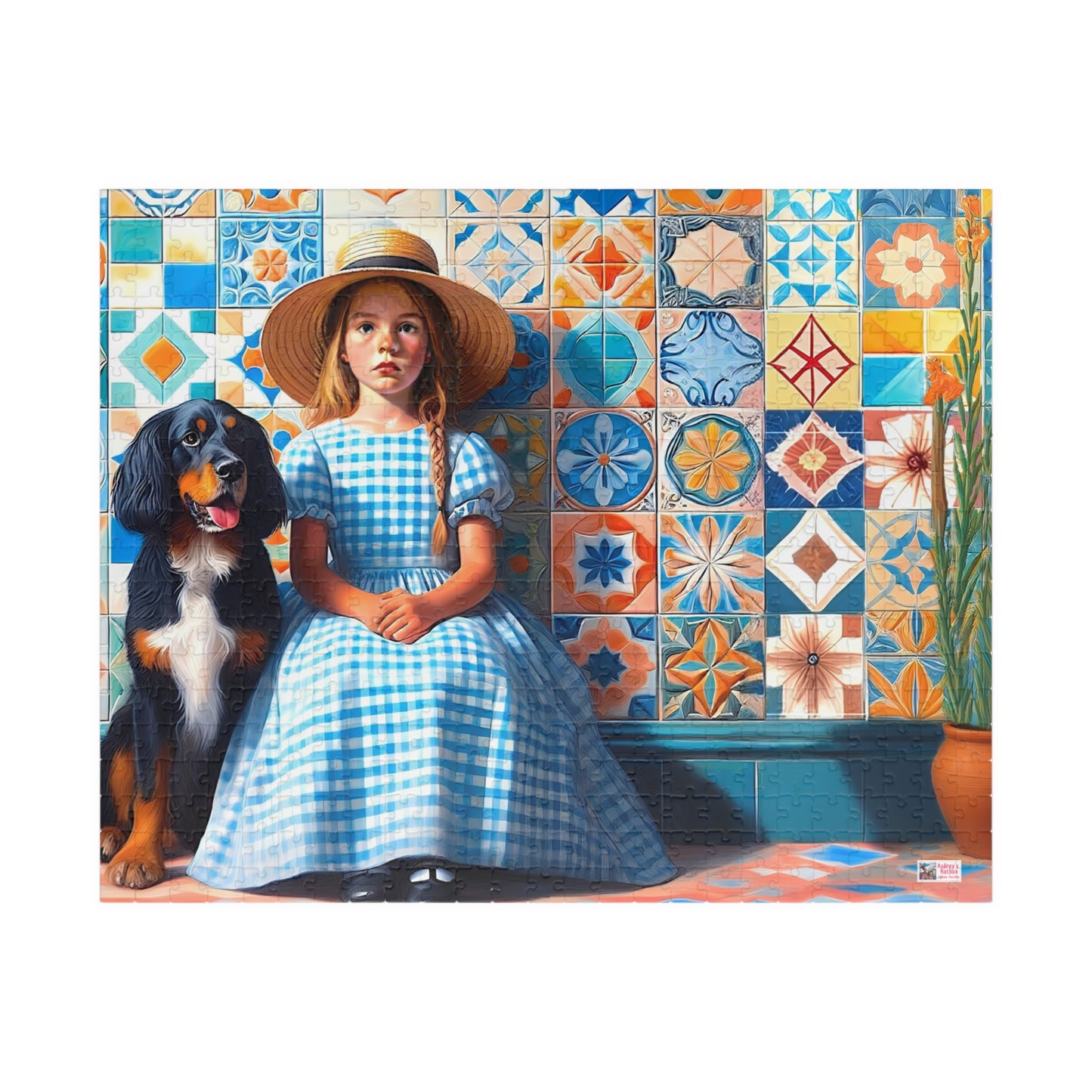 Little Girl in Gingham Jigsaw Puzzle US: Nostalgic Childhood Scene with Pet Dog (110-1014-piece)