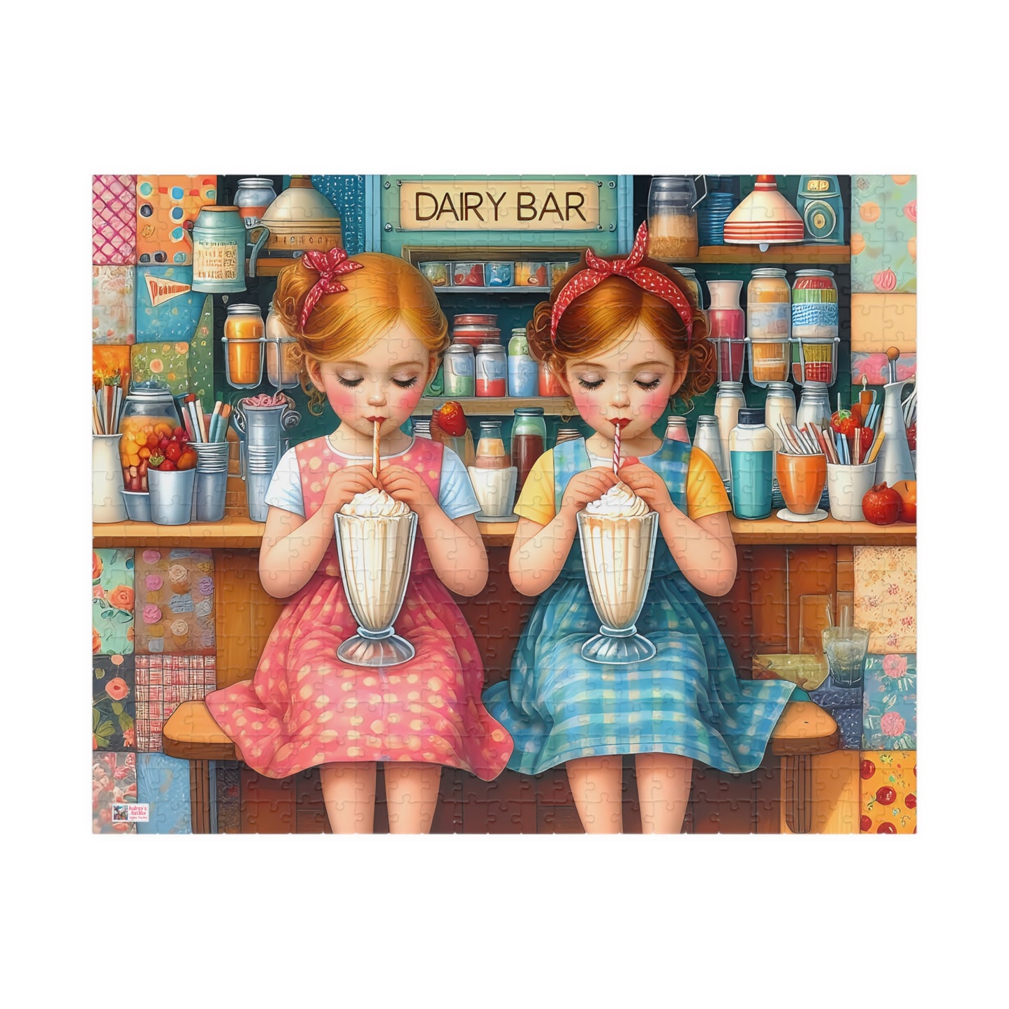 Milkshake Maids Jigsaw Puzzle (110, 252, 520, 1014-piece). Sweet vintage patchwork milk bar scene. Fun family game, children's gift idea