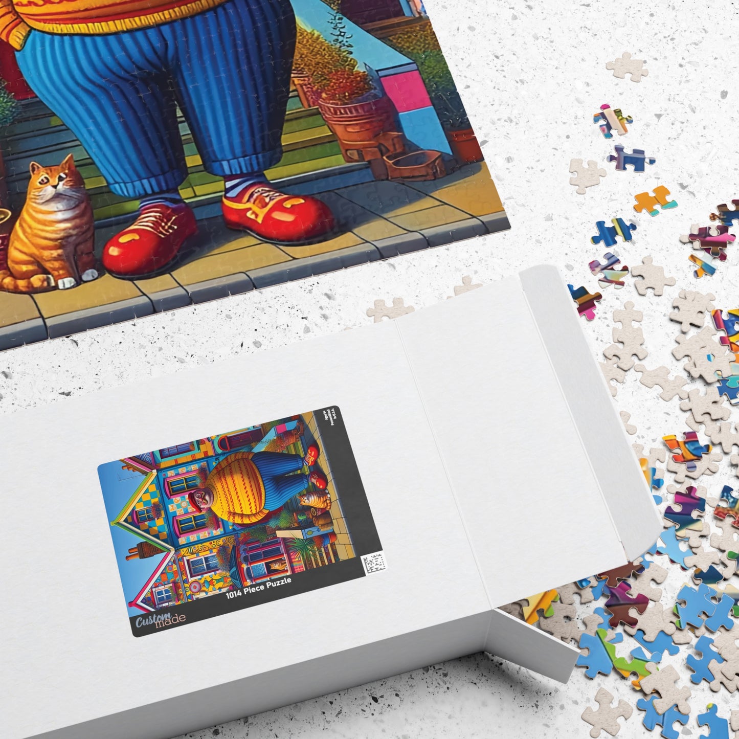 Welcome Committee Jigsaw Puzzle, 110, 252, 520, 1014-piece. Whimsical, Playful Scene of a Jolly Man, Cats and Colourful Houses. Family Fun.