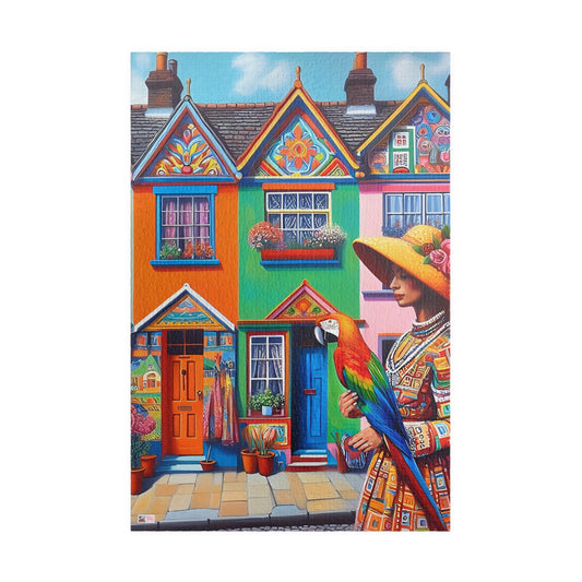 Strolling with my Parrot Jigsaw Puzzle US (110, 252, 520, 1014-piece). Quirky, charming, colourful gift idea for birdlovers. Family fun game