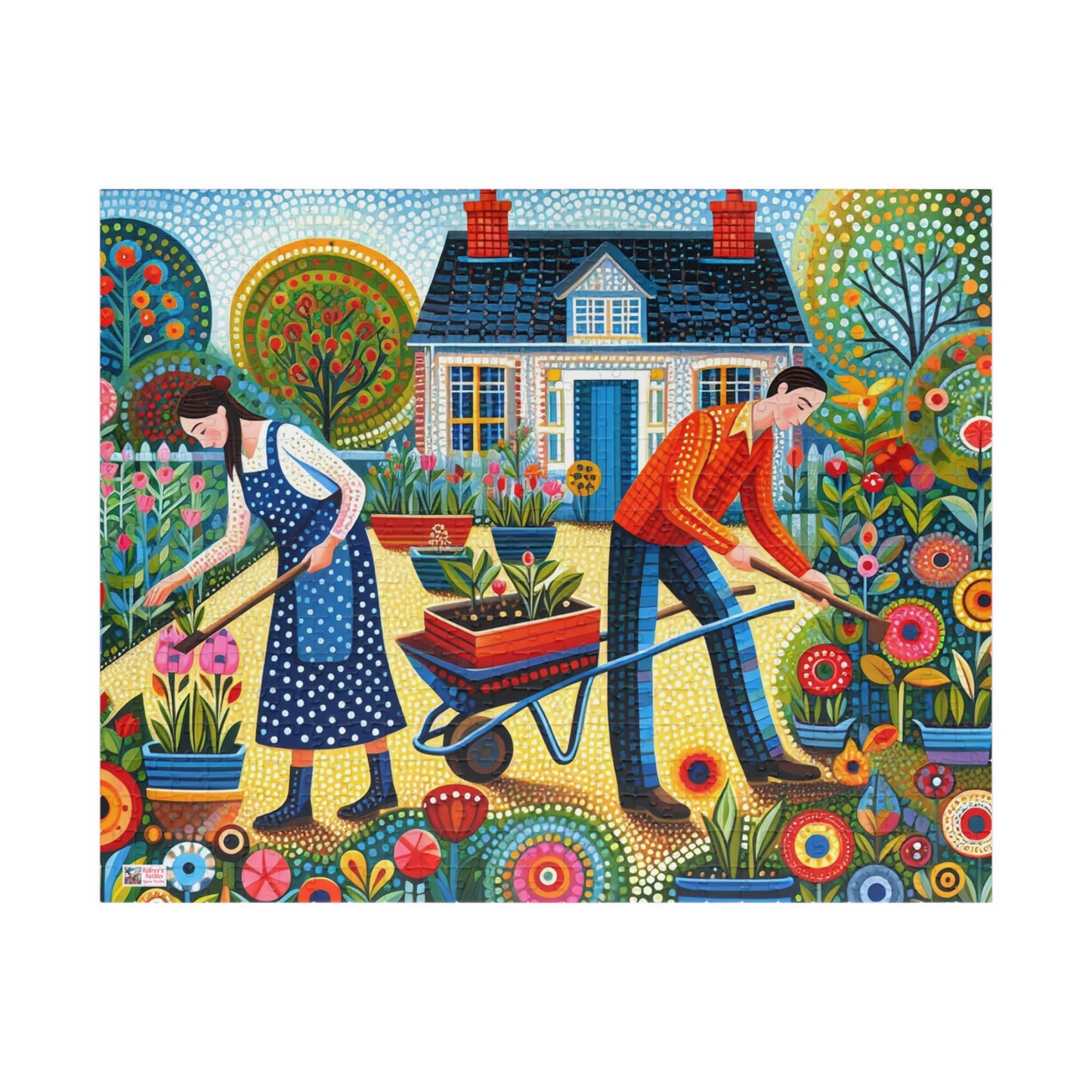 Garden Therapy Jigsaw Puzzle (110, 252, 520, 1014-piece). Charming country cottage scene of a couple in harmony. Wholesome family gift idea.