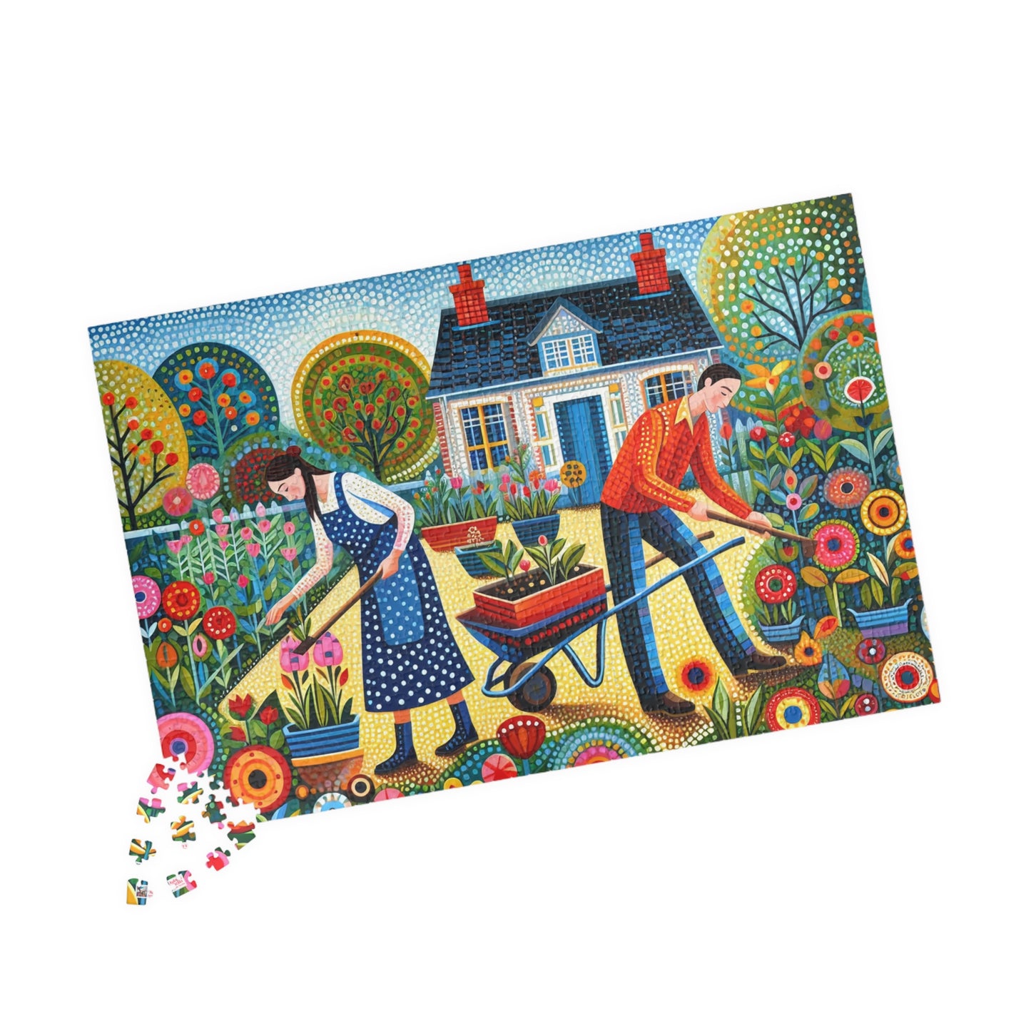 Garden Therapy Jigsaw Puzzle (110, 252, 520, 1014-piece). Charming country cottage scene of a couple in harmony. Wholesome family gift idea.