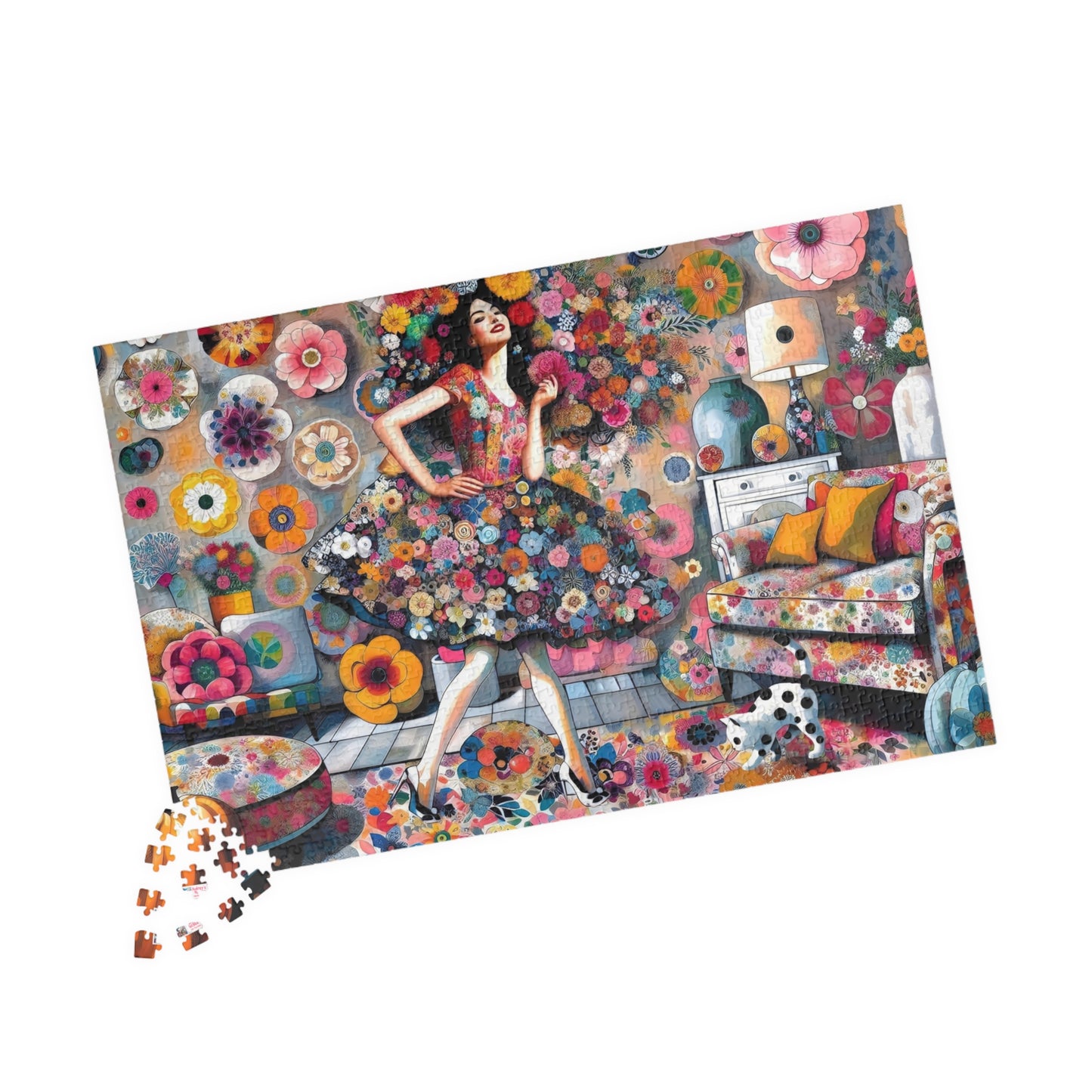 Mad About Flowers Jigsaw Puzzle (110, 252, 520, 1014-piece). Charming Floral Chaos in a Whimsical Scene with a Polka Dot Cat. Fun Gift Idea.