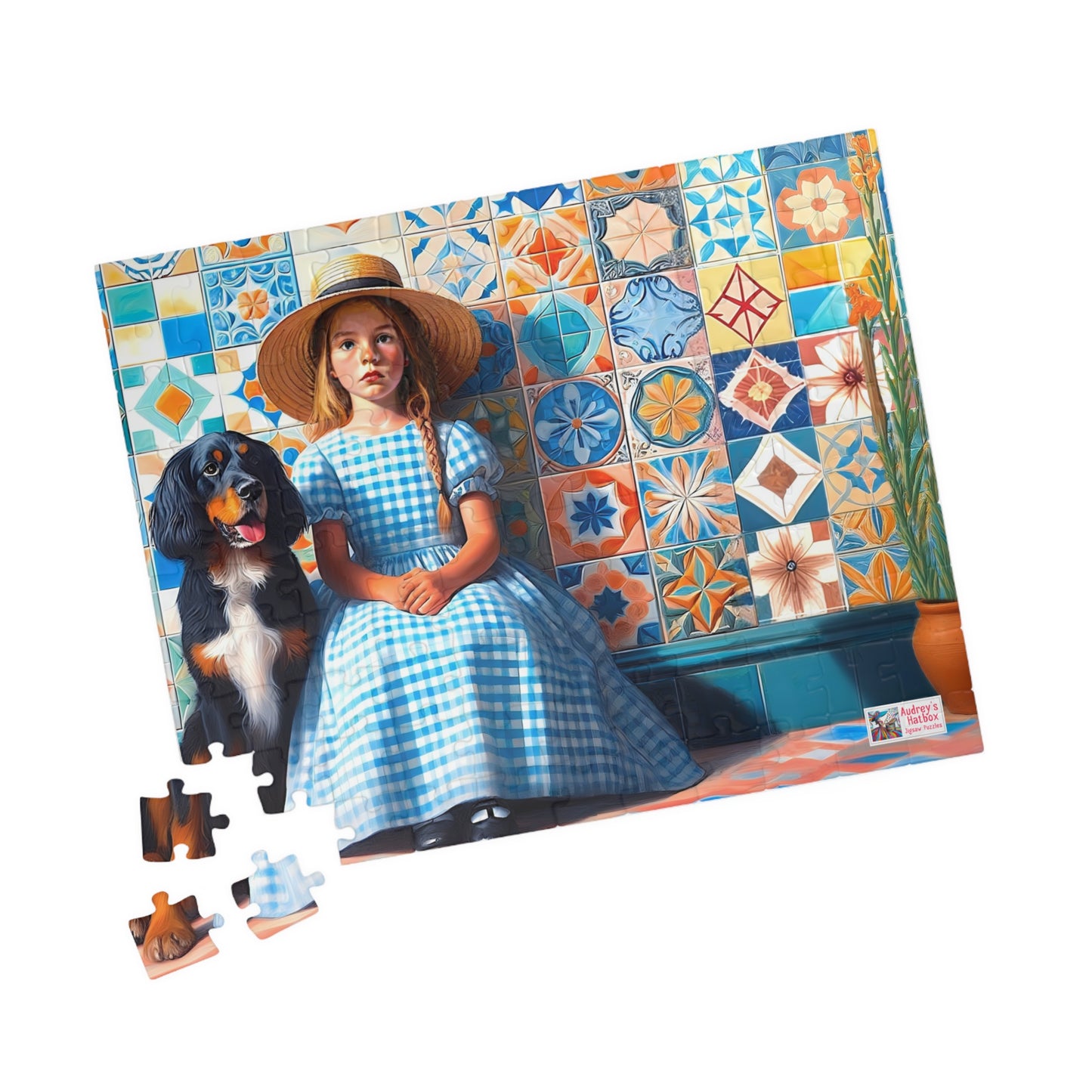 Little Girl in Gingham Jigsaw Puzzle US: Nostalgic Childhood Scene with Pet Dog (110-1014-piece)