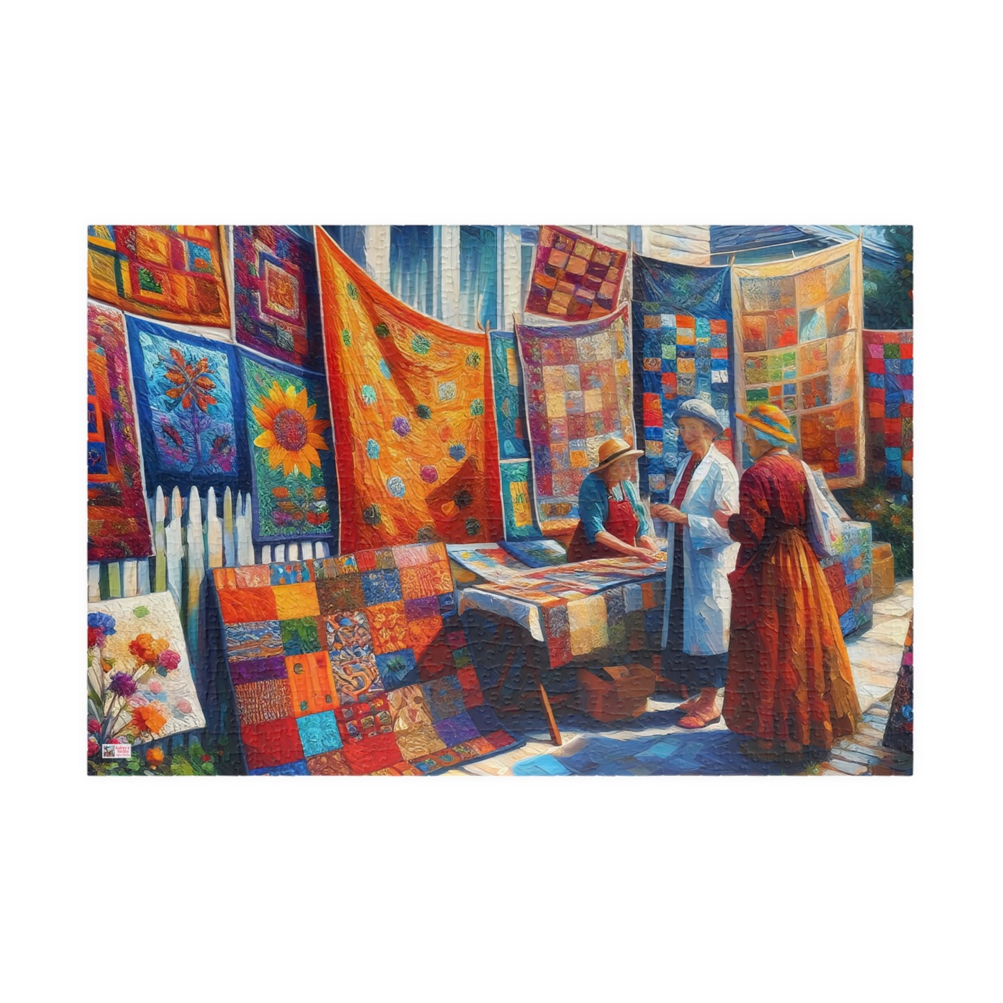 Footpath Quilt Sale Jigsaw Puzzle (110, 252, 520, 1014-piece). Delightful neighbourhood market. Charming gift idea. Wholesome Family Fun.