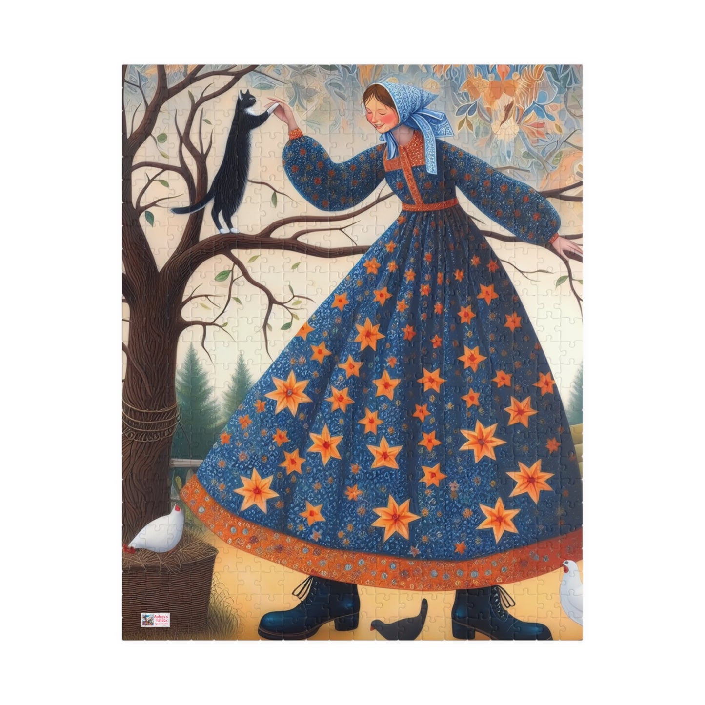 Barnyard Frolic Jigsaw Puzzle (110, 252, 520, 1014-piece). Quirky, Joyful Farm Dance with Chickens and a Black Cat. Family Fun Gift Idea