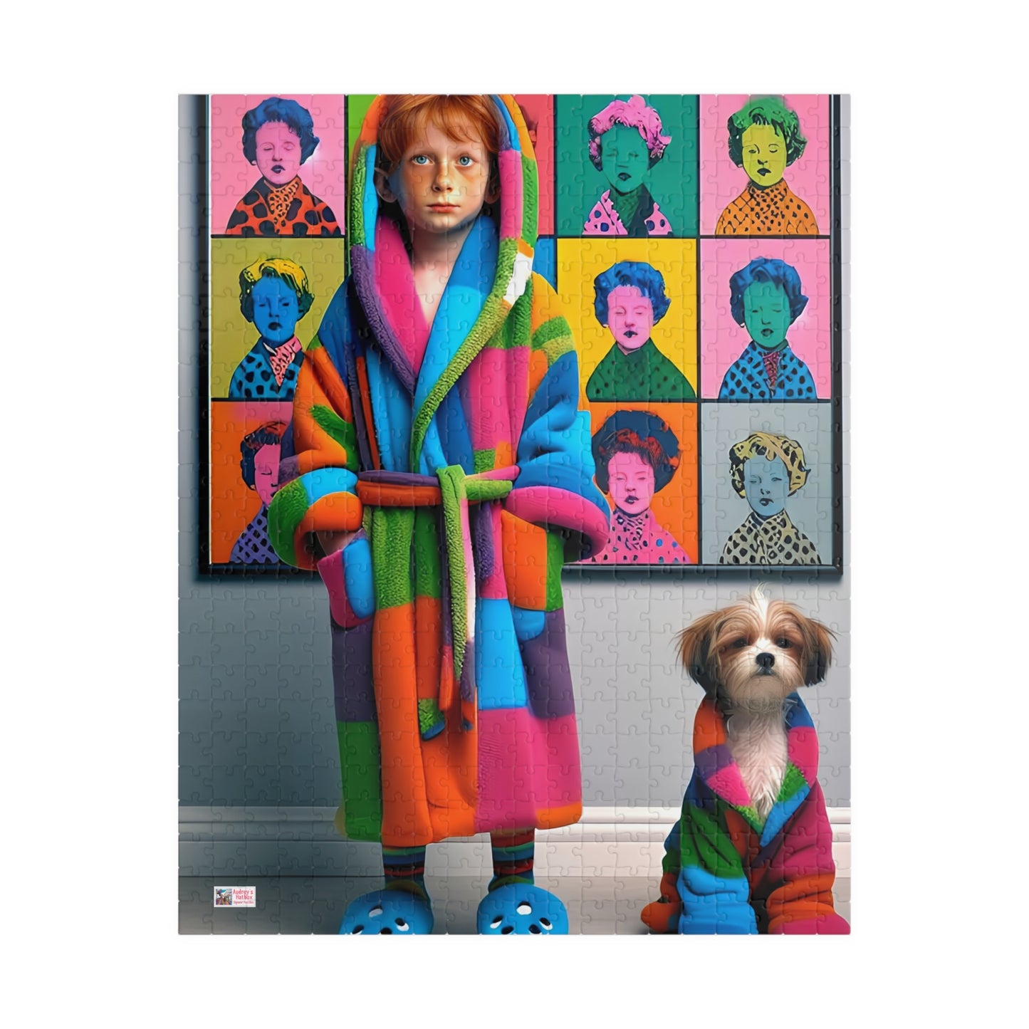Pop Art Pajama Party Jigsaw Puzzle (110, 252, 520, 1014-piece). Cute and quirky boy and dog in matching bathrobes. Fun gift. Family game.
