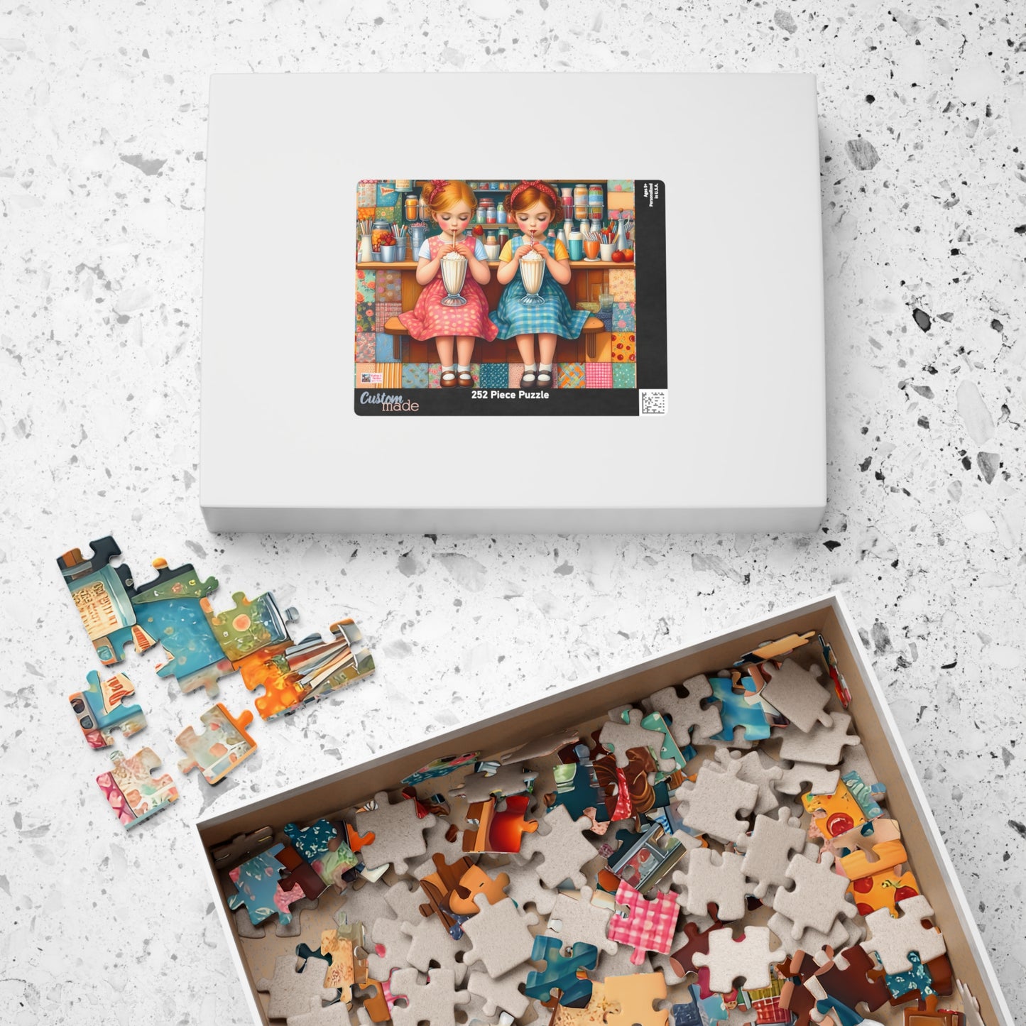 Milkshake Maids Jigsaw Puzzle (110, 252, 520, 1014-piece). Sweet vintage patchwork milk bar scene. Fun family game, children's gift idea