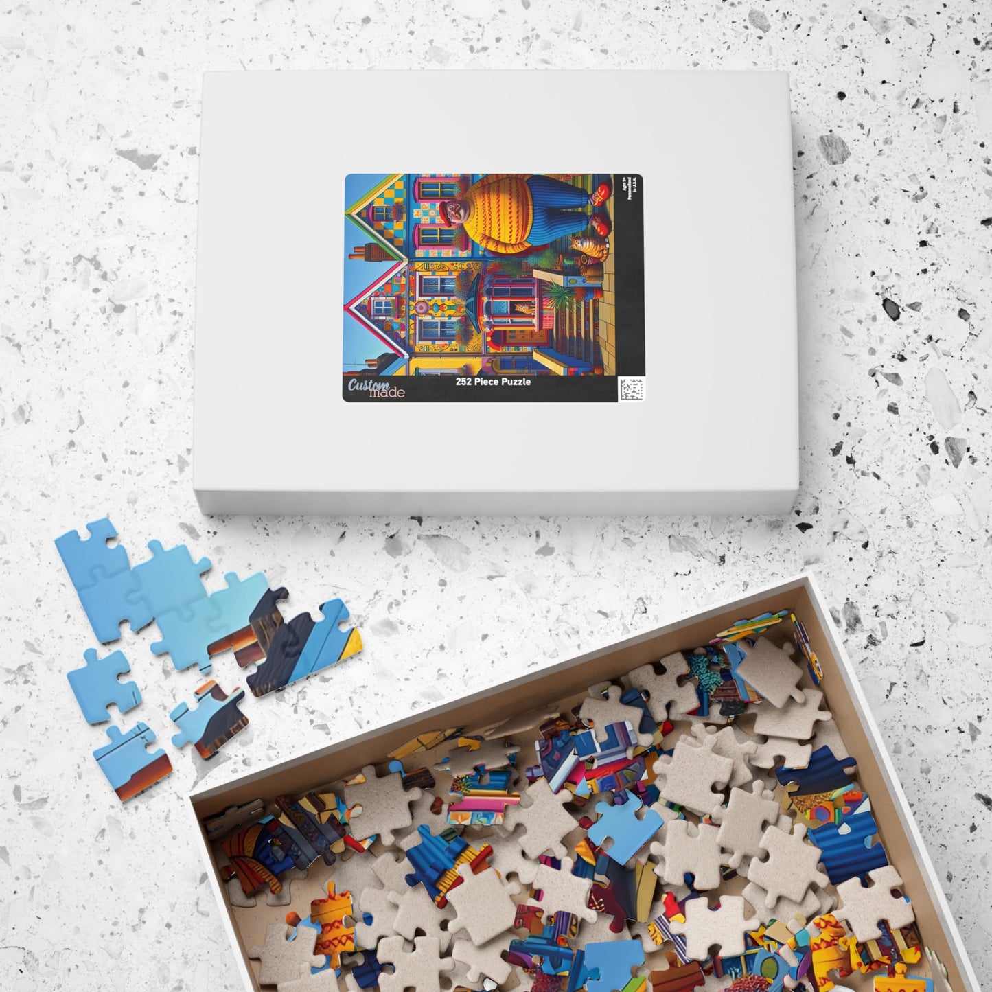 Welcome Committee Jigsaw Puzzle, 110, 252, 520, 1014-piece. Whimsical, Playful Scene of a Jolly Man, Cats and Colourful Houses. Family Fun.
