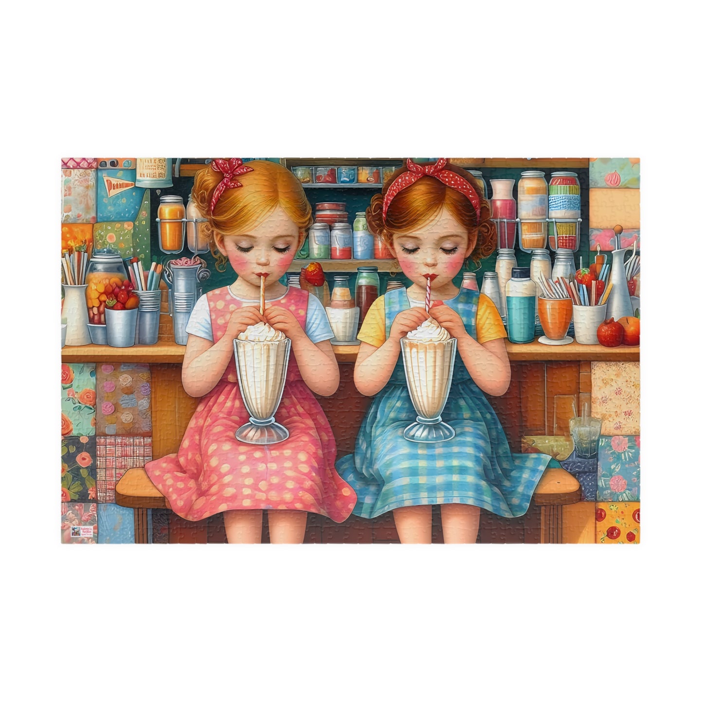 Milkshake Maids Jigsaw Puzzle (110, 252, 520, 1014-piece). Sweet vintage patchwork milk bar scene. Fun family game, children's gift idea