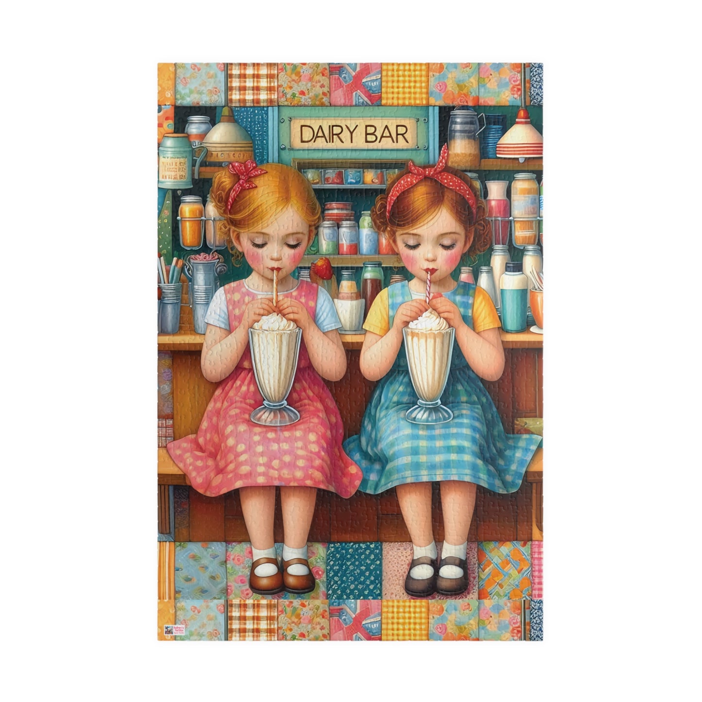 Milkshake Maids Jigsaw Puzzle (110, 252, 520, 1014-piece). Sweet vintage patchwork milk bar scene. Fun family game, children's gift idea