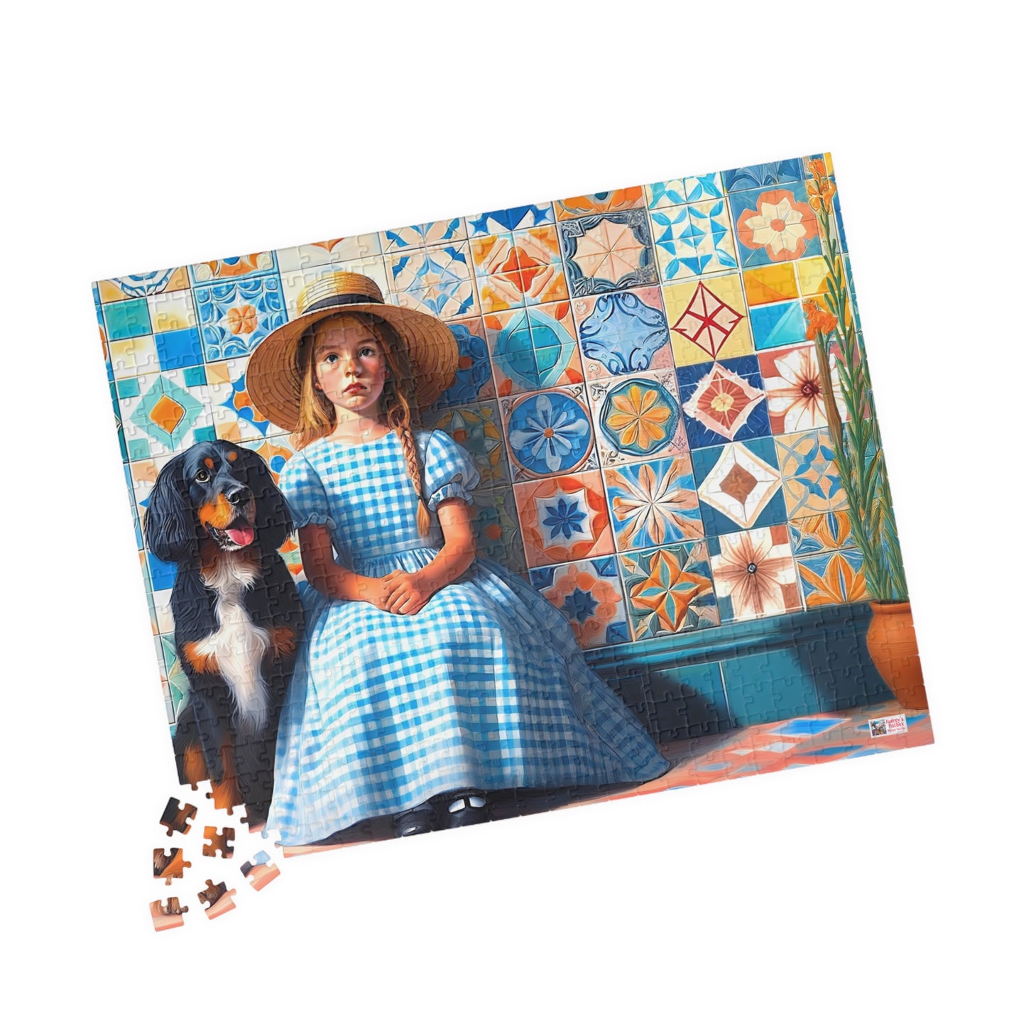 Little Girl in Gingham Jigsaw Puzzle US: Nostalgic Childhood Scene with Pet Dog (110-1014-piece)