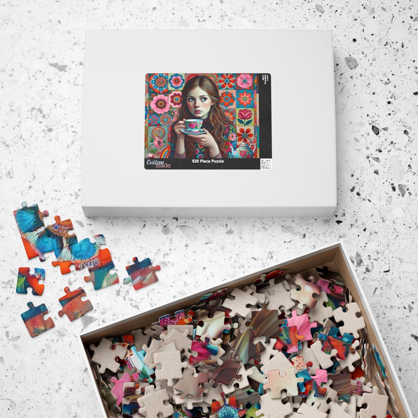 Wallflower Jigsaw Puzzle (110, 252, 520, 1014-piece). Intricate floral patterns and a cup of tea. Pretty and whimsical gift idea.