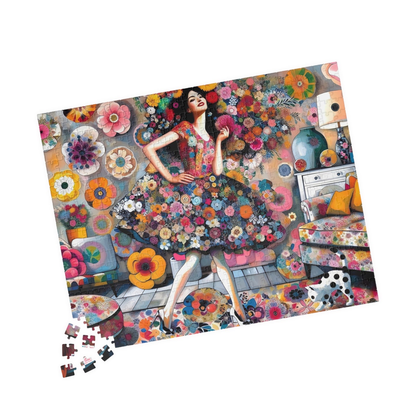 Mad About Flowers Jigsaw Puzzle (110, 252, 520, 1014-piece). Charming Floral Chaos in a Whimsical Scene with a Polka Dot Cat. Fun Gift Idea.