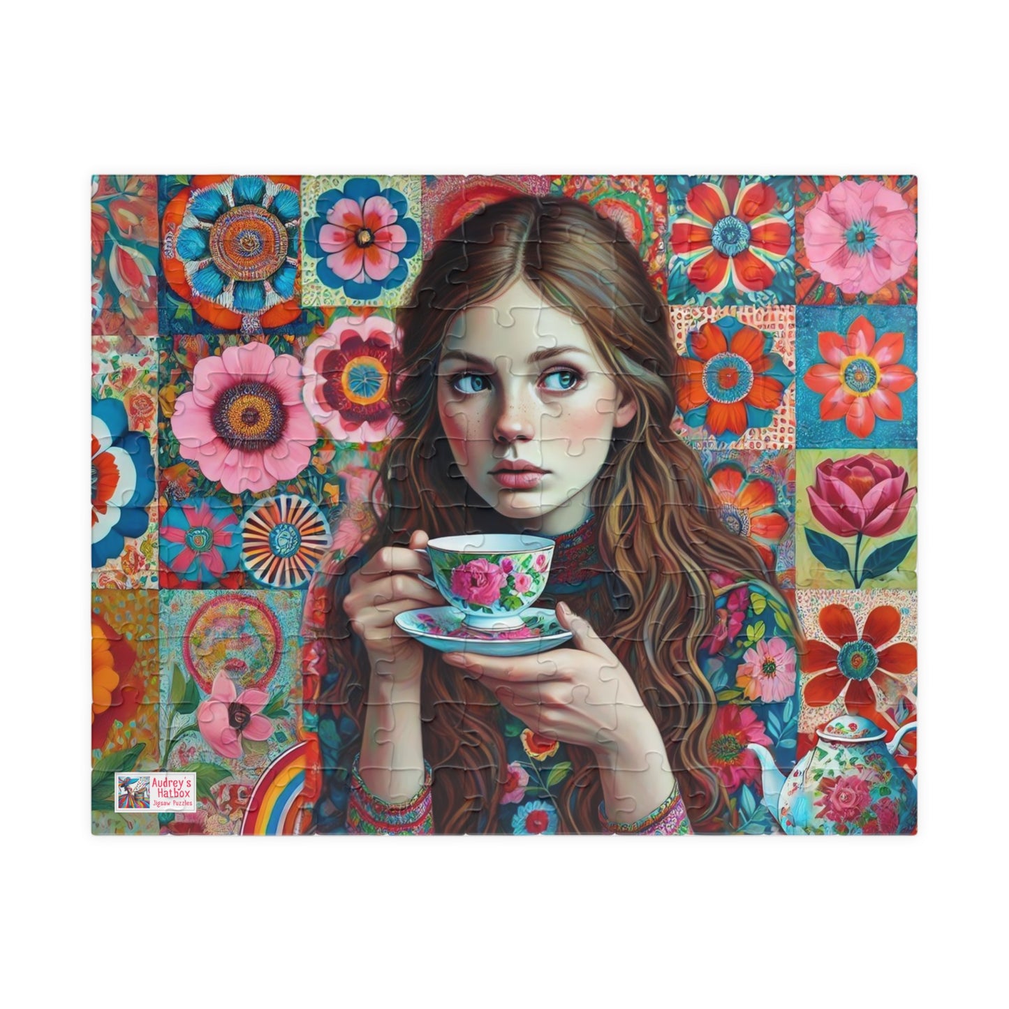Wallflower Jigsaw Puzzle (110, 252, 520, 1014-piece). Intricate floral patterns and a cup of tea. Pretty and whimsical gift idea.