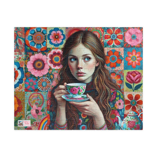 Wallflower Jigsaw Puzzle (110, 252, 520, 1014-piece). Intricate floral patterns and a cup of tea. Pretty and whimsical gift idea.