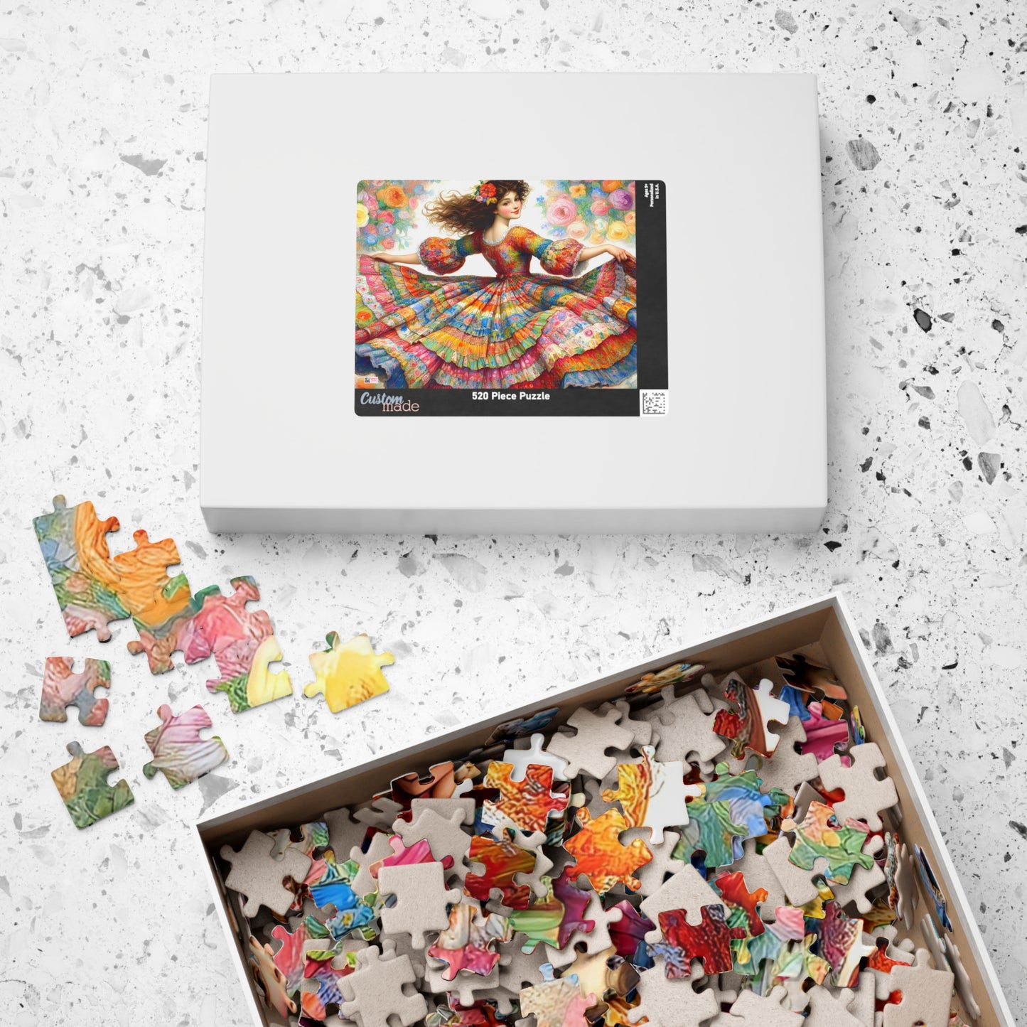 Pretty Twirl Jigsaw Puzzle (110, 252, 520, 1014-piece). Dancing girl in patchwork dress, multi coloured. Family fun, challenging gift idea